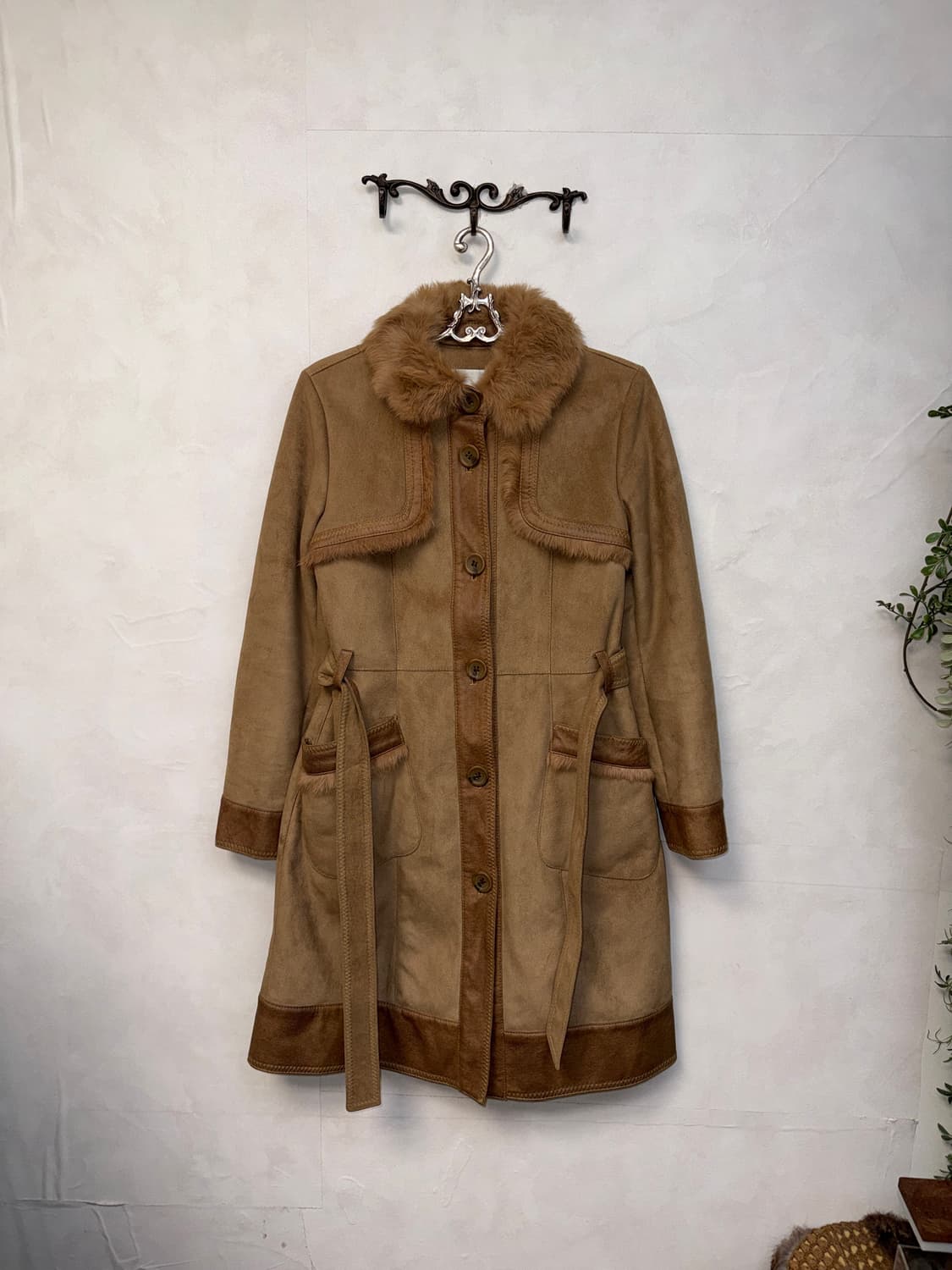 Brown rabbit fur trimming belted coat 상품이미지1