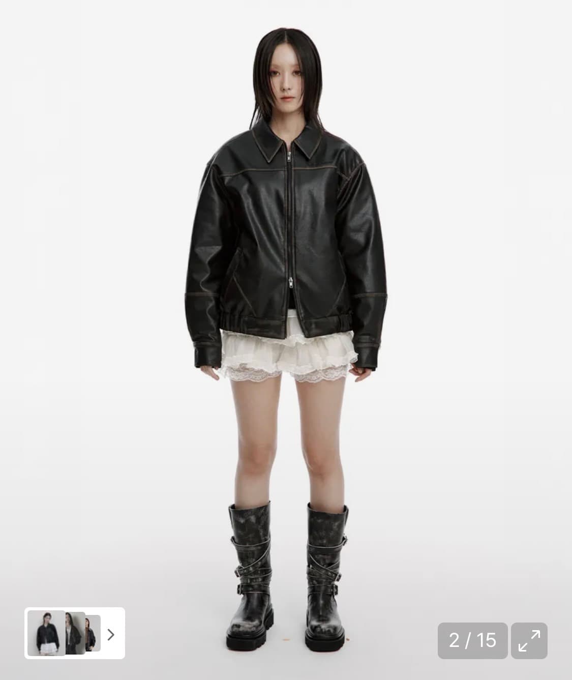 러프넥 워싱 레더 블루종 자켓 상품이미지2