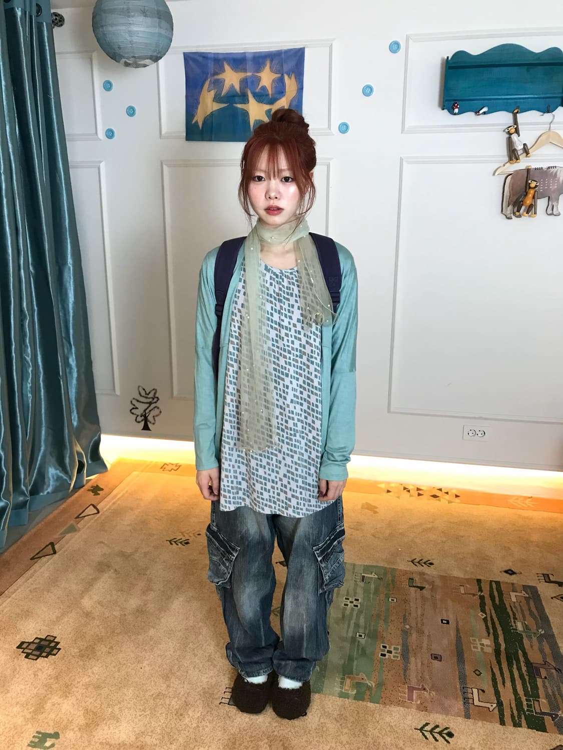 페일 민트 컬러 가디건과 귀여운 데님 벌룬팬츠 조합𖧧𓂃˖₊🫧🍵 상품이미지2
