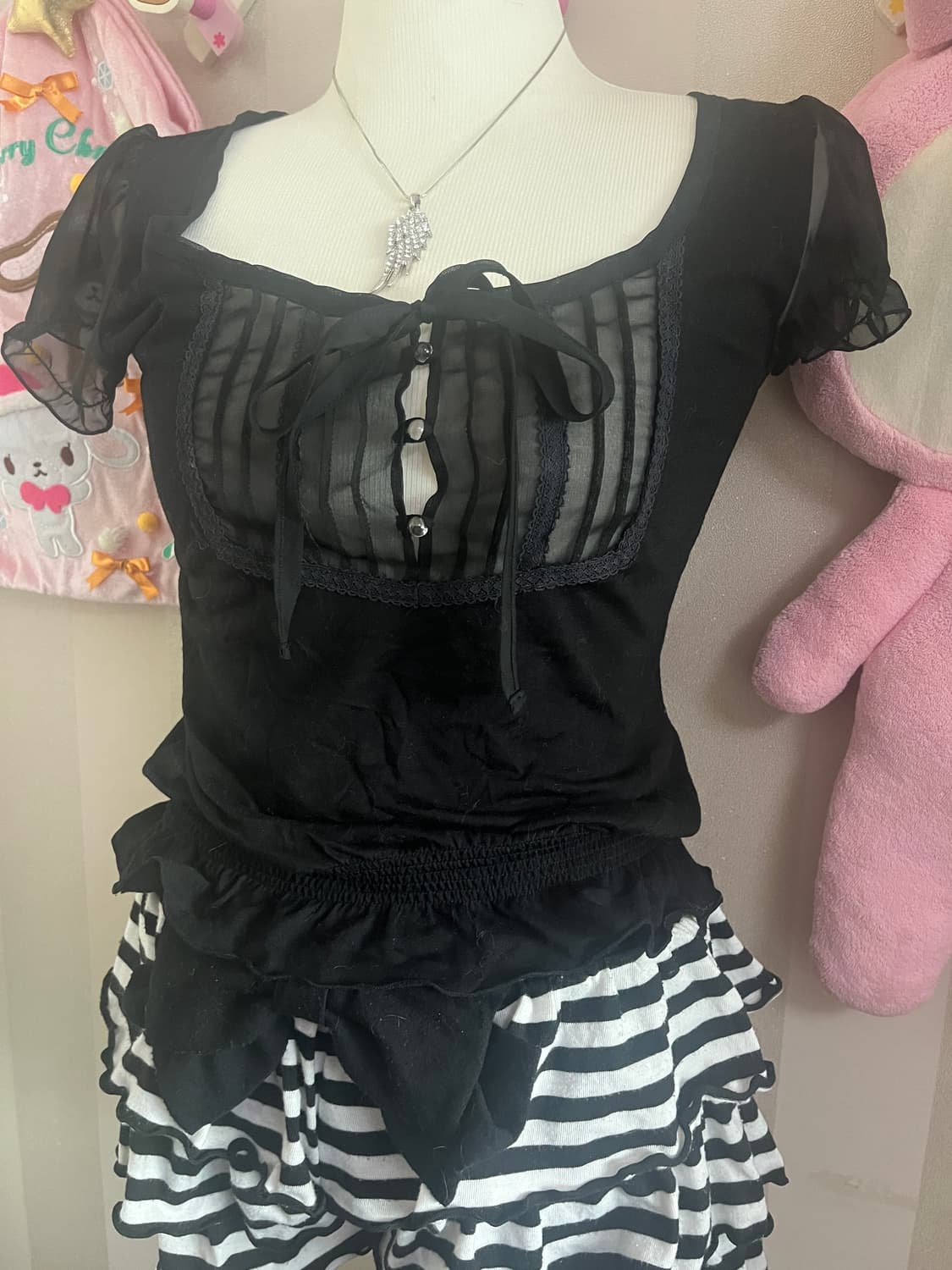 빈티지공겜여주날개목걸이코디세트히메갸루긱시크레이스블라우스큐롯팬츠 상품이미지4