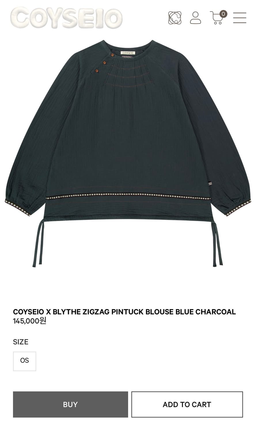 코이세이오 X 브라이스 지그재그 핀턱 블라우스 블루 차콜 상품이미지1
