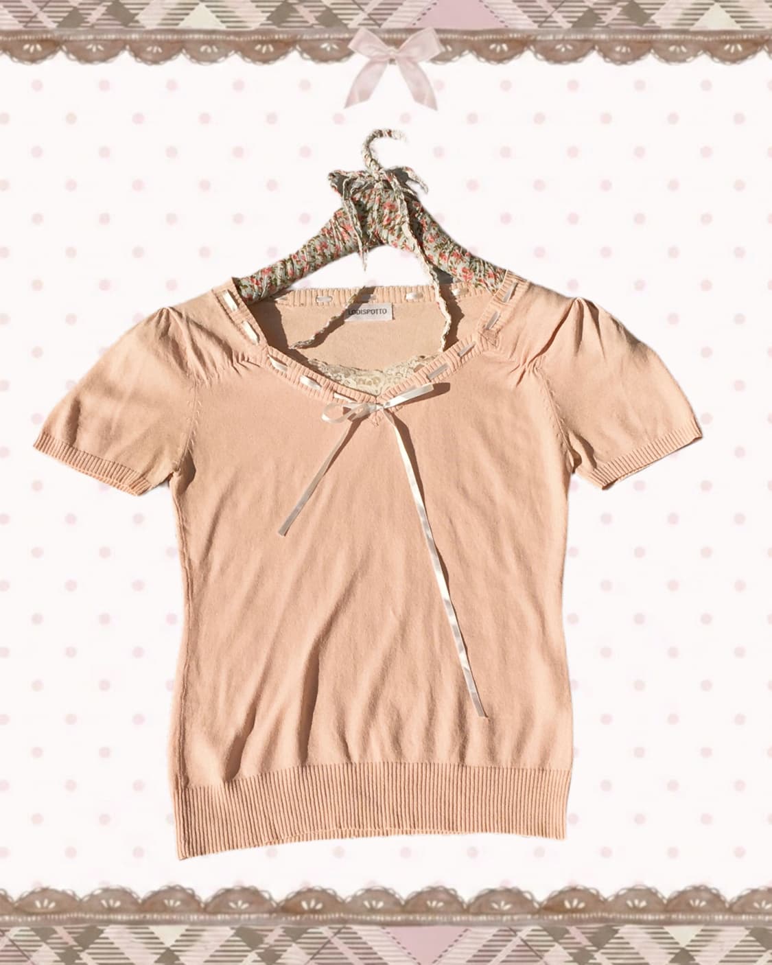 로디스포토 리본 레이스 코랄핑크 썸머 반팔 니트 상품이미지1