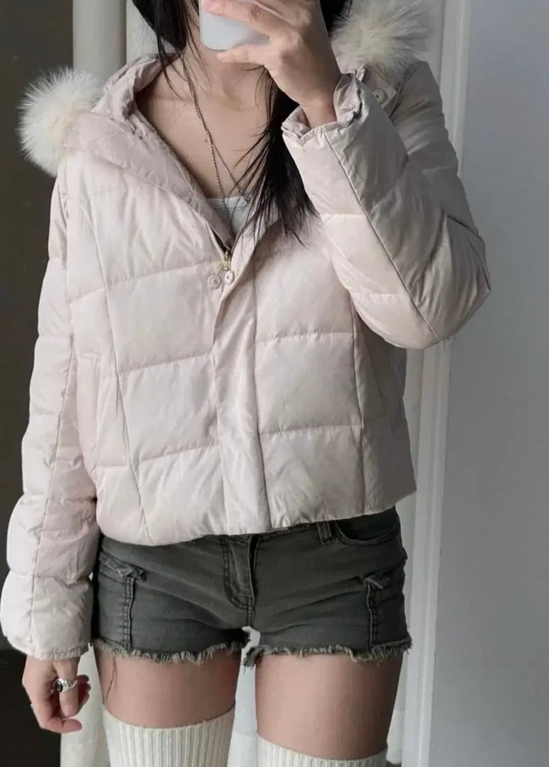 빈티지 핑크 베이지 퍼 후드 패딩 상품이미지2