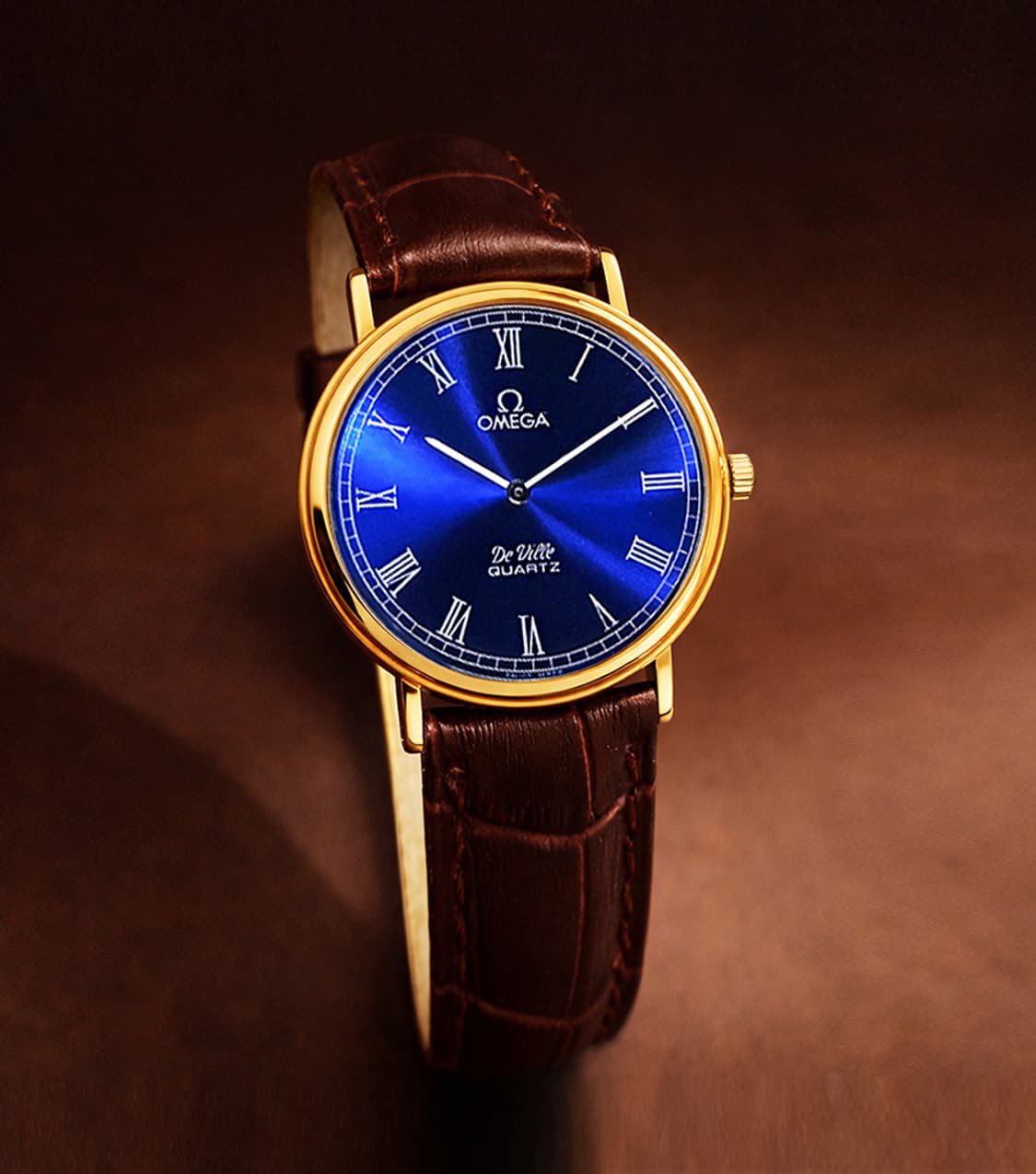 오메가 블루 로만 다이얼 18K 금 도금 남녀공용 쿼츠 시계 상품이미지1