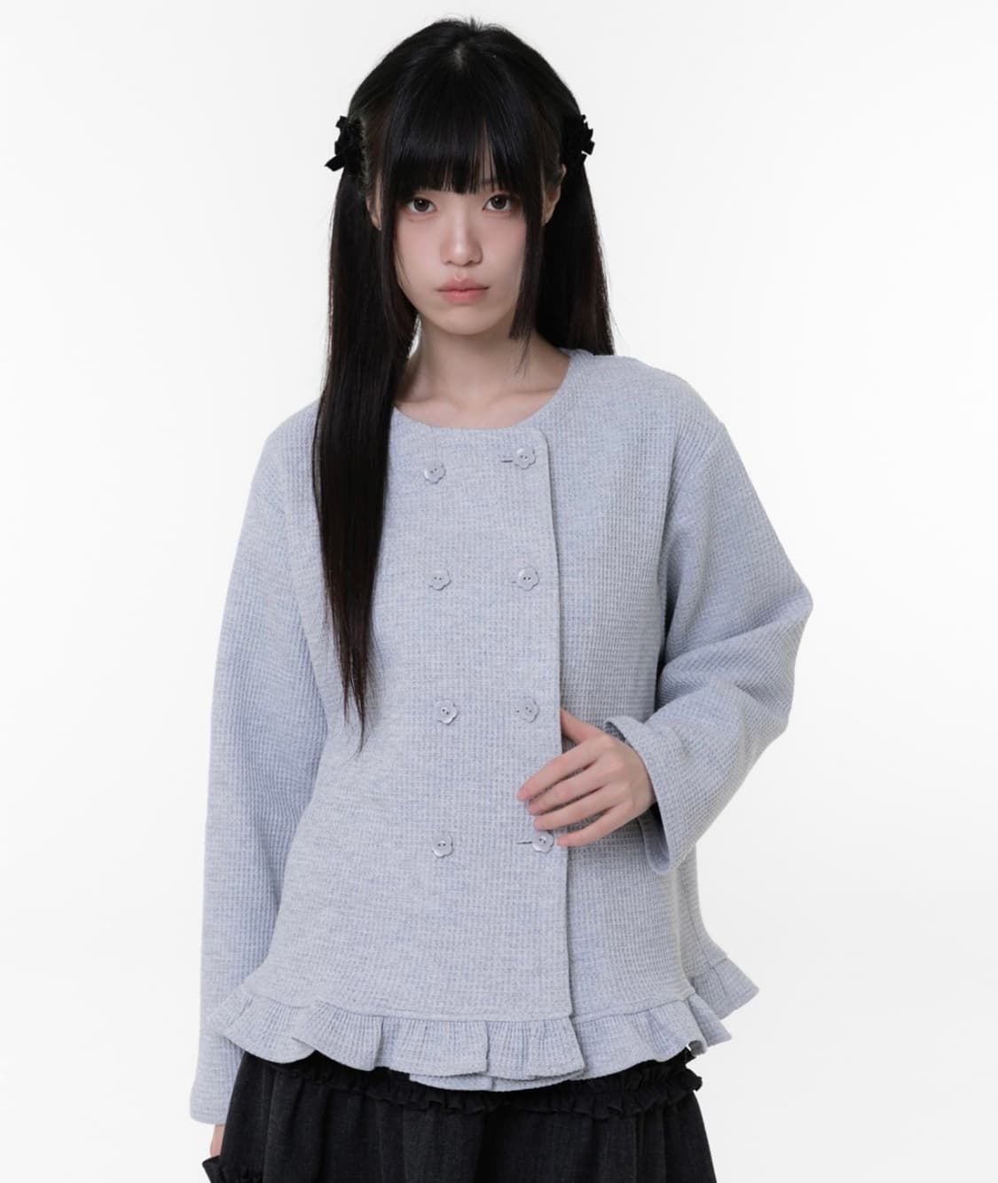 나이엔 naaieen 더블버튼 프릴 가디건 그레이 상품이미지1