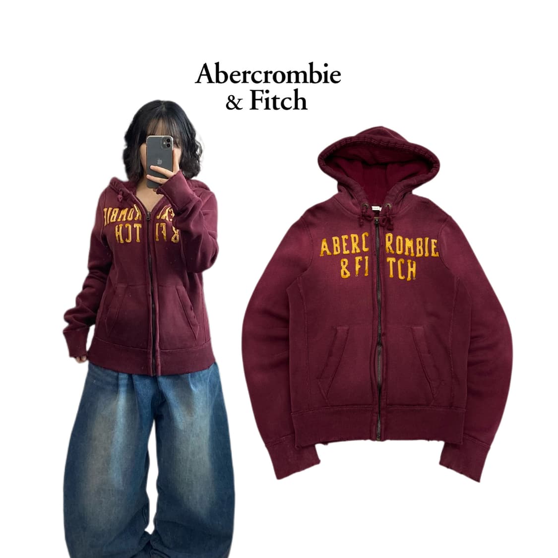 아베크롬비 Y2K 아치로고 버건티 후드집업 상품이미지1