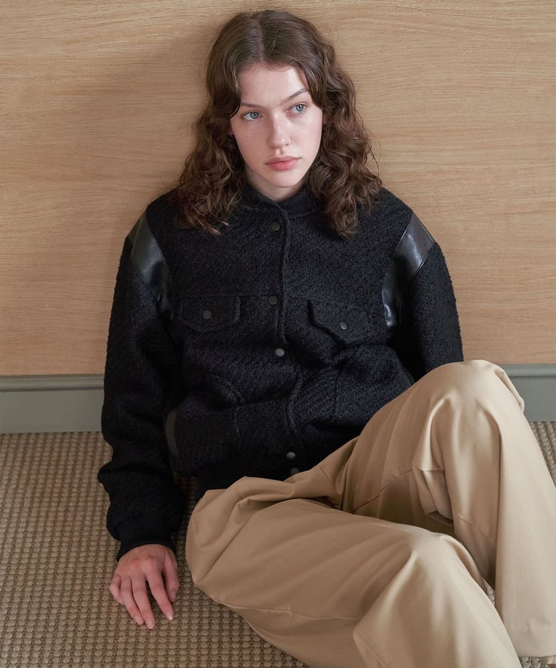 ouro 아우로 트위드 부클 울 봄버자켓 레더 배색 블루종 자켓 상품이미지2