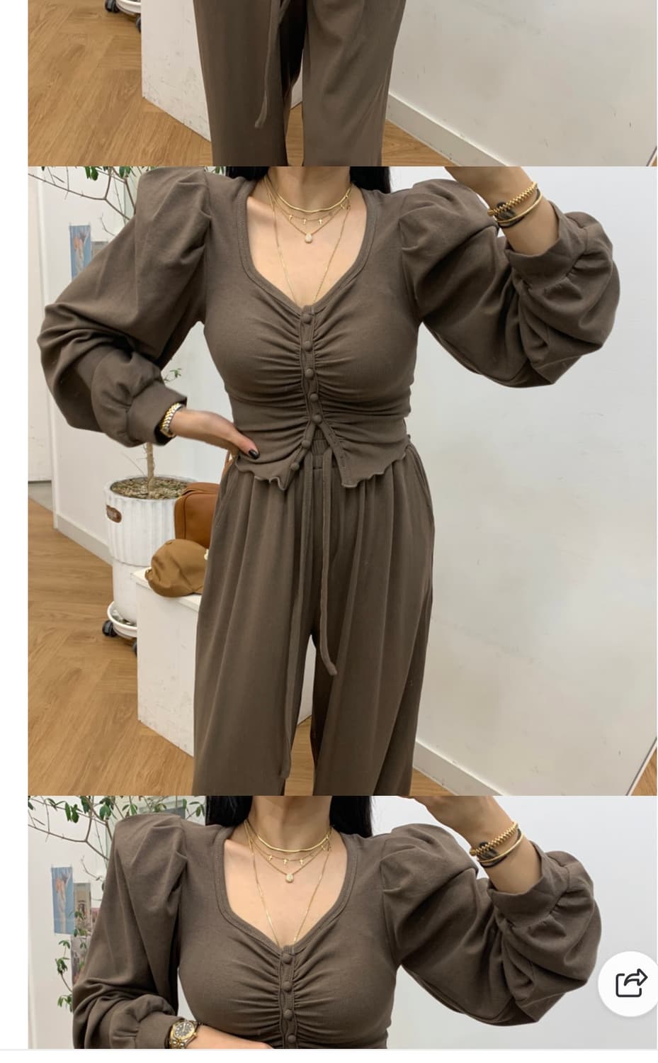 벨201 콩콩 셔링 브라운 상하의 세트 상품이미지2