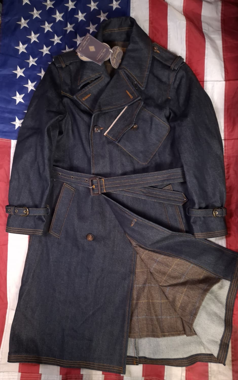 택새제품 WW1 대전용 Cidu Leatthers 데님 더블 트렌치코트 상품이미지2