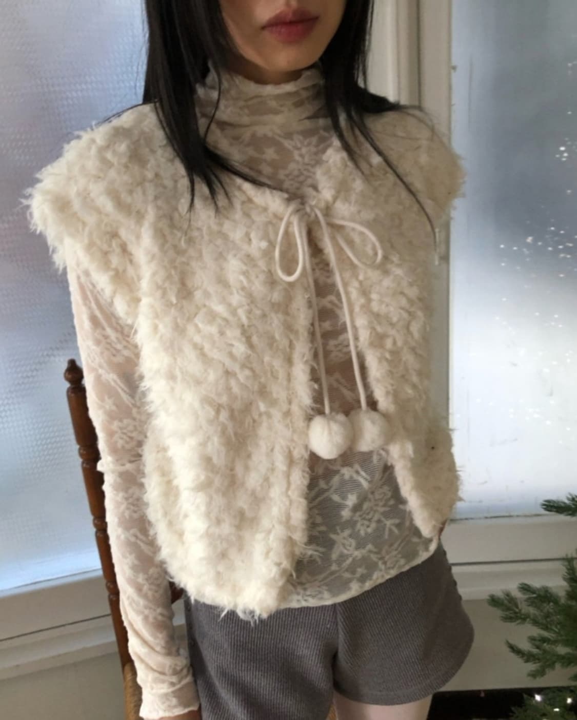 vintage 엔젤 링 폼폼  퍼 가디건 (ivory) 상품이미지1