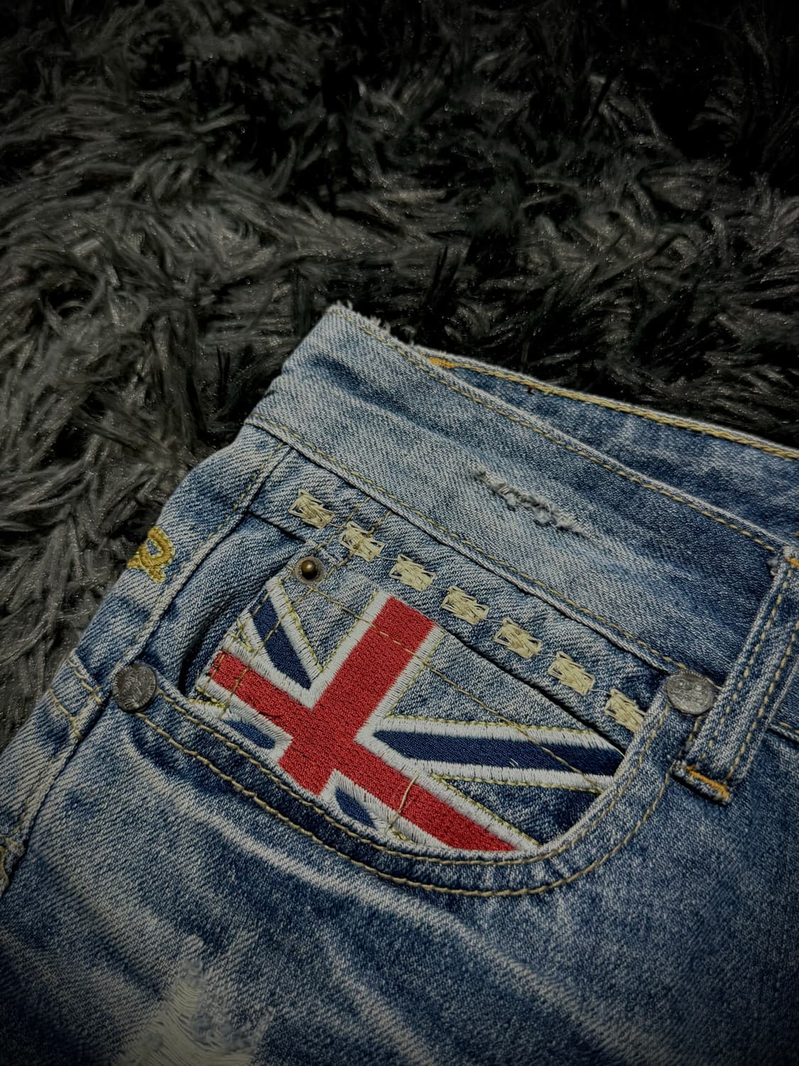 유니온잭 백 레터링 자수 데미지 데님 숏팬츠 상품이미지5