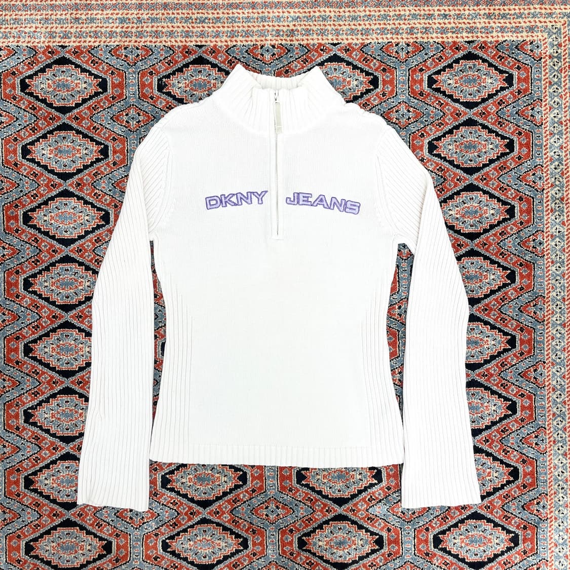 DKNY 크림 아이보리 코튼 반집업 슬림핏 니트 여성L 상품이미지1