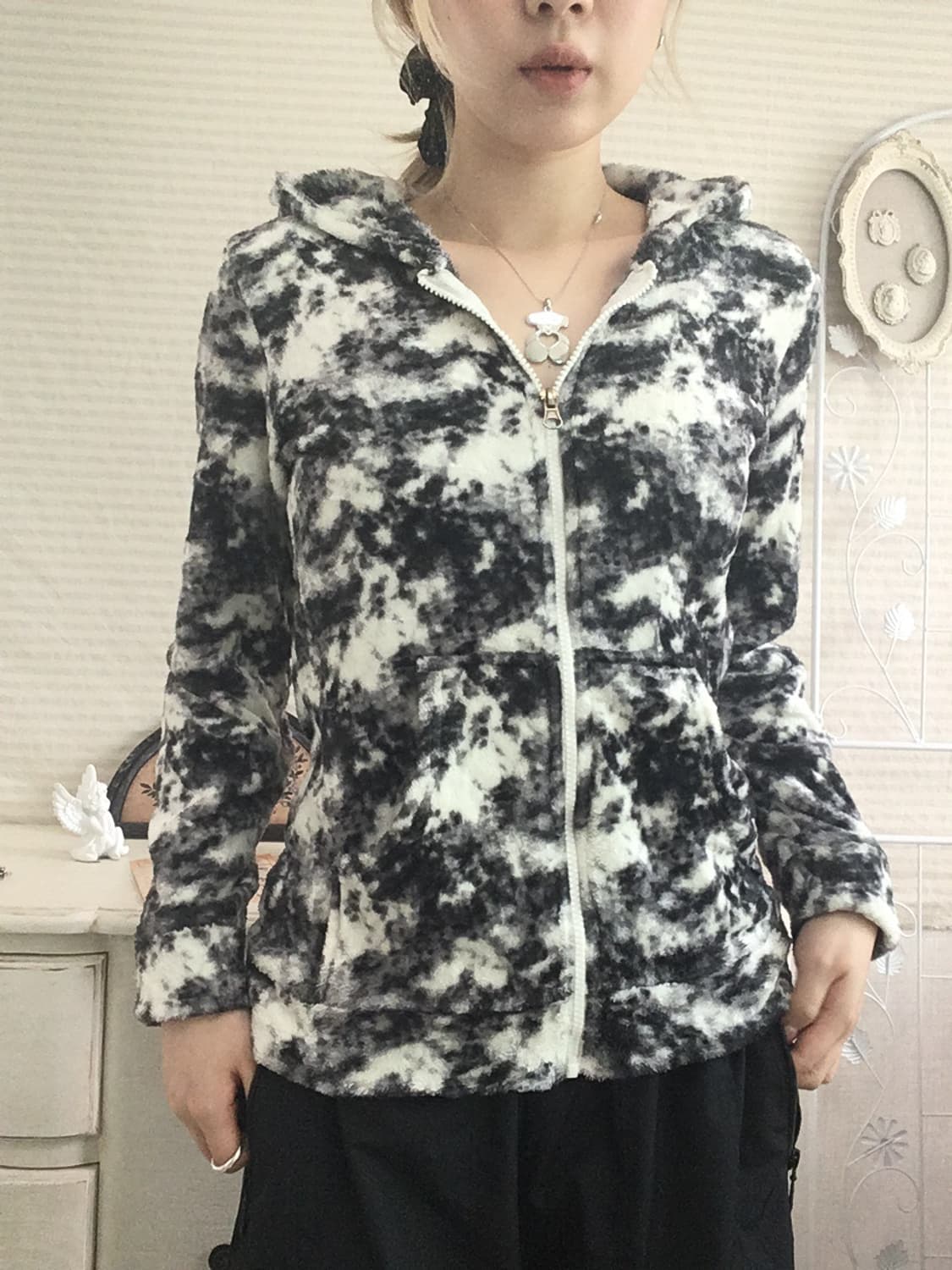 jpn vintage black marble fleece hood zip 상품이미지4