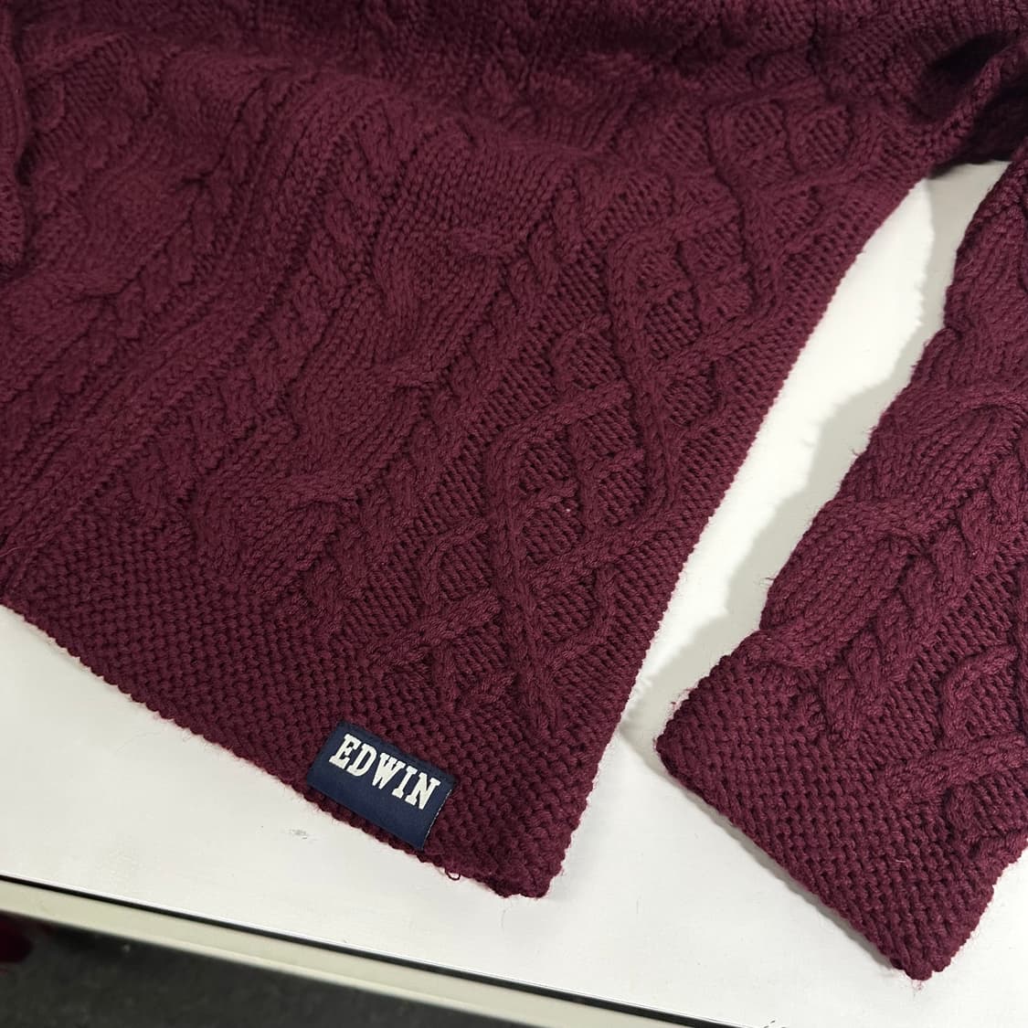 M 에드윈 버건디 퍼 꽈배기 니트집업 상품이미지3