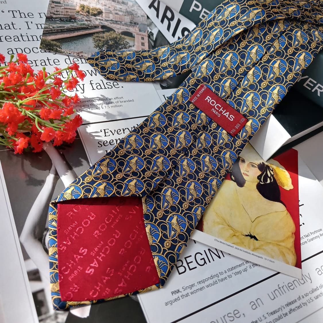 로샤스 실크 네이비 앵무새 패턴 넥타이 9.5cm S~A+등급 E791 상품이미지6