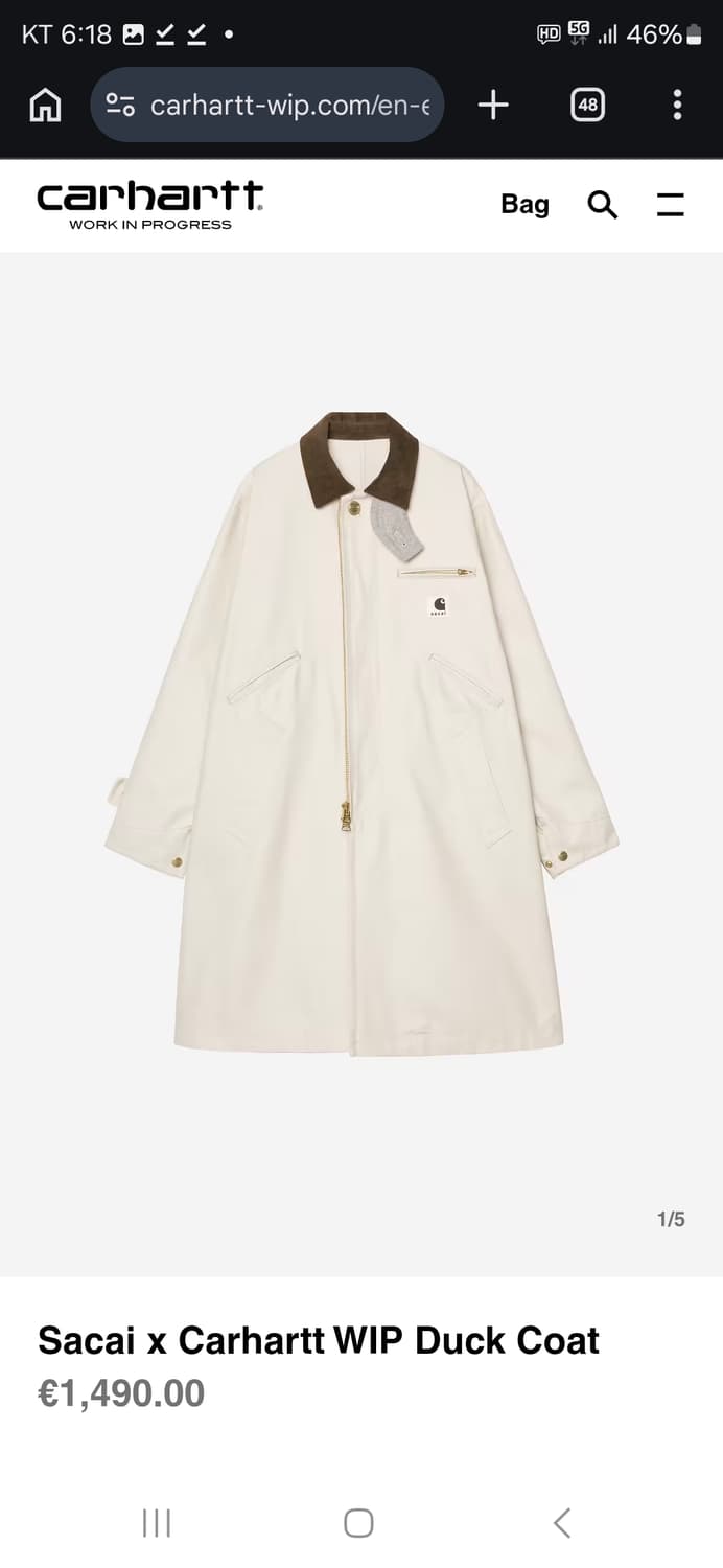 [BNWT]26ss Sacai X Carhartt coat Ivory 3 상품이미지1