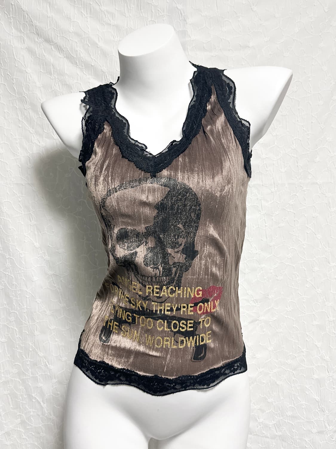 빈티지 펑크 해골 레이스 새틴 슬리브리스 탑 상품이미지1