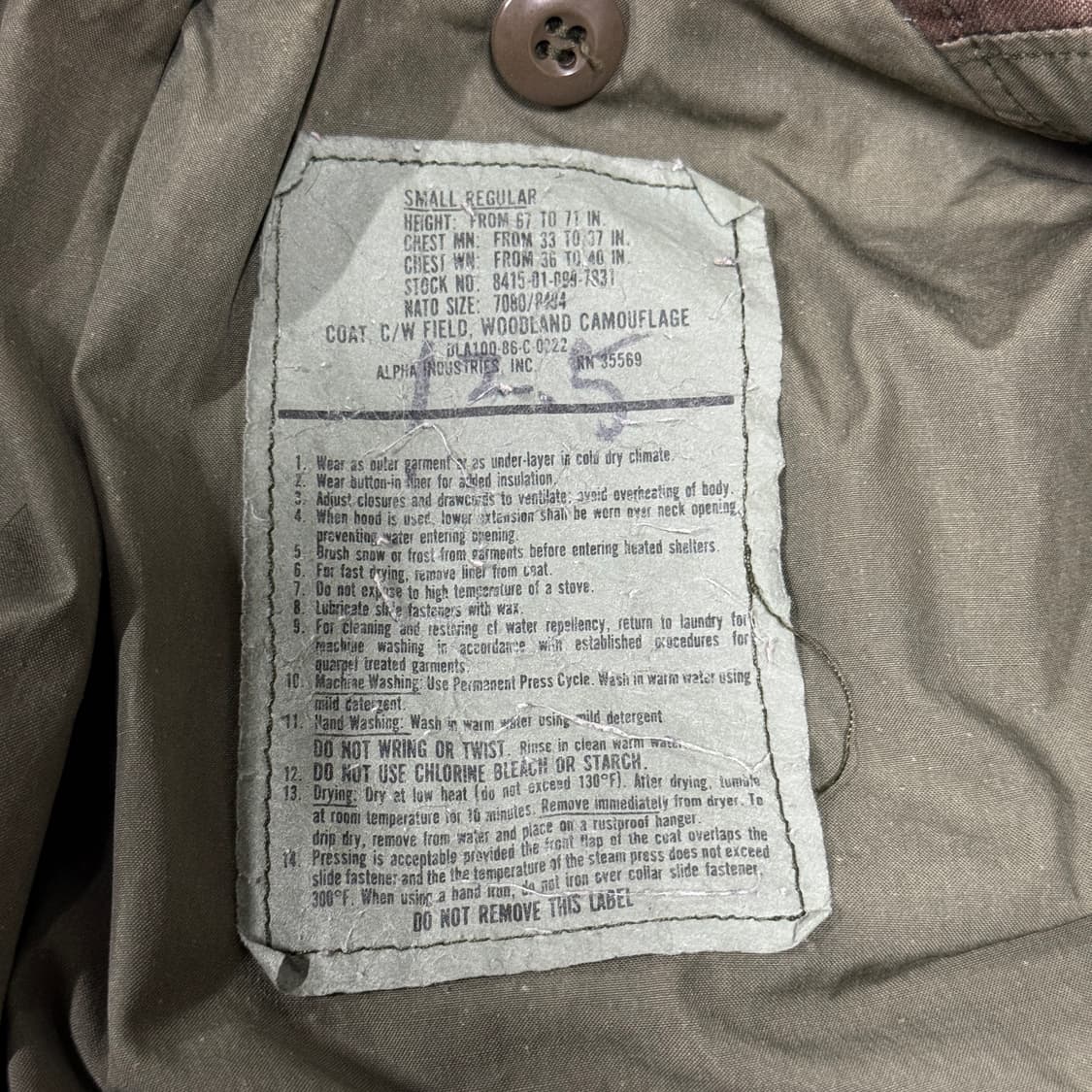 USA 알파인더스트리 1986년 오리지널 군납 우드랜드 M65 필드 자켓 상품이미지7