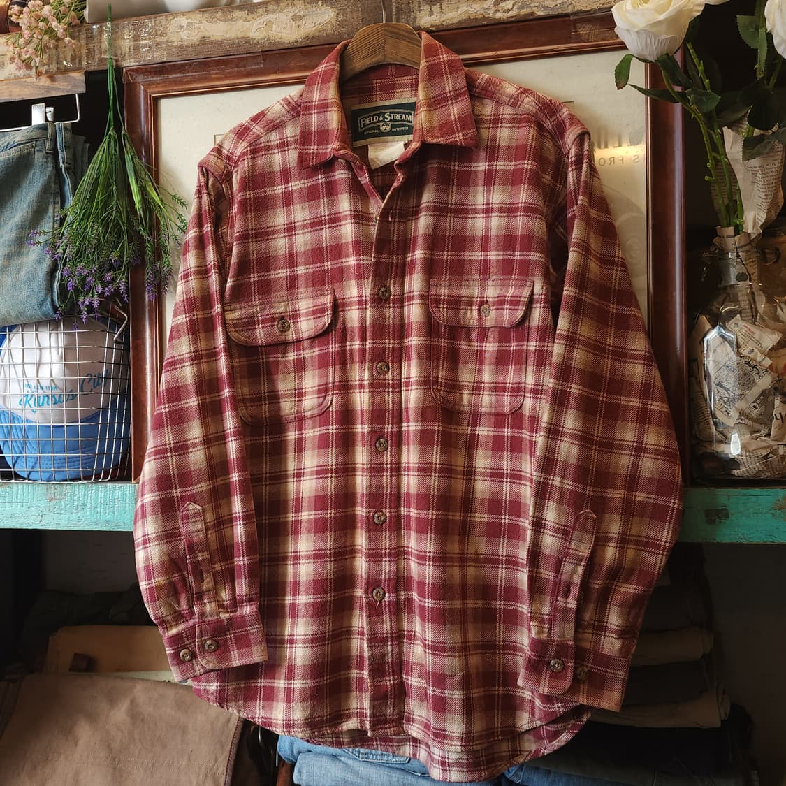 90s 아메리칸 빈티지 체크셔츠 헤비 플란넬 워크셔츠 레드 L 상품이미지2