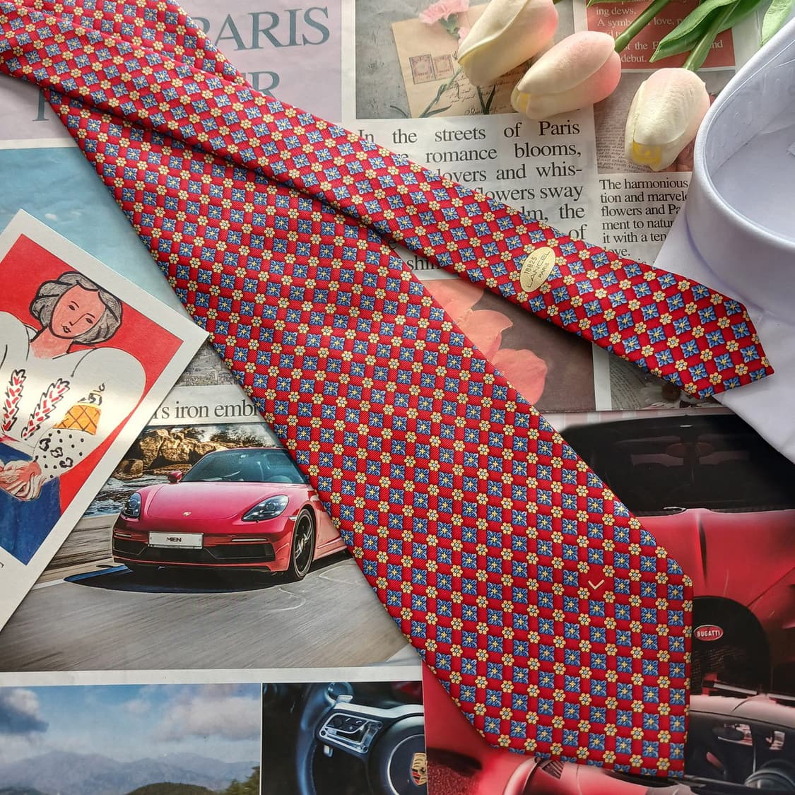 란셀 실크 레드 플라워 기하 패턴 넥타이 9.5cm A+등급 A18741 상품이미지3