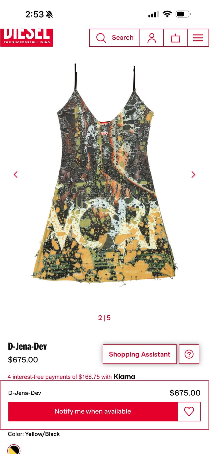 새상품) 디젤 D-Jena-Dev 옐로우 블랙 슬립 드레스 Diesel 상품이미지1