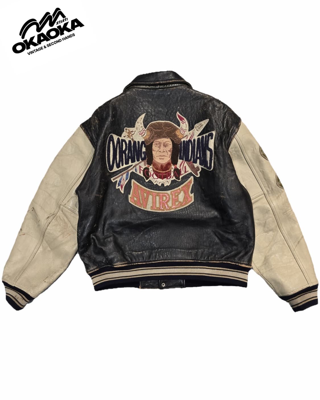90's KR AVIREX 오랑 인디언즈 레더 바시티자켓 상품이미지2