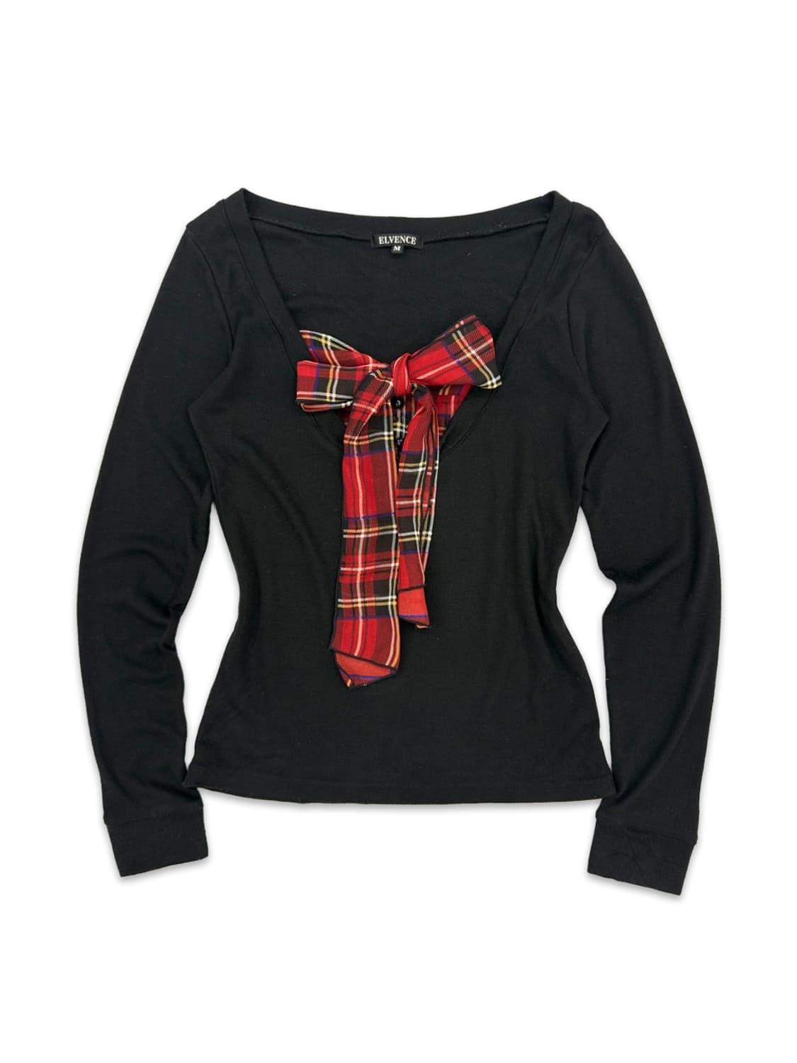 빈티지 ELVENCE 블랙 체크 리본 긴팔티 상품이미지1