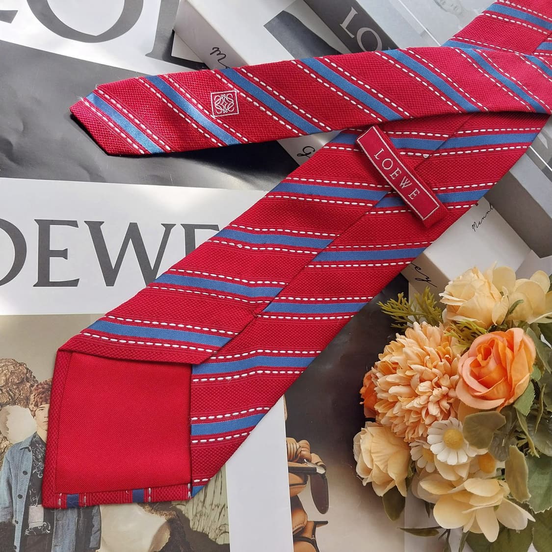 로에베 실크 레드 스트라이프 넥타이 9.5cm B등급 K2523 상품이미지3