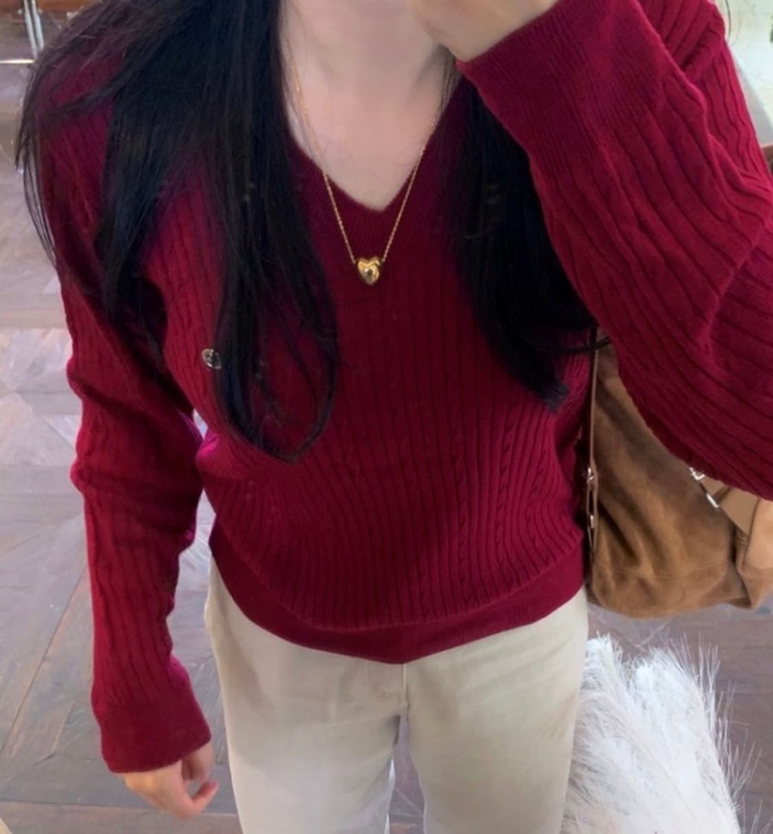 프리티영띵 케이블 루즈핏 니트 버건디 상품이미지2