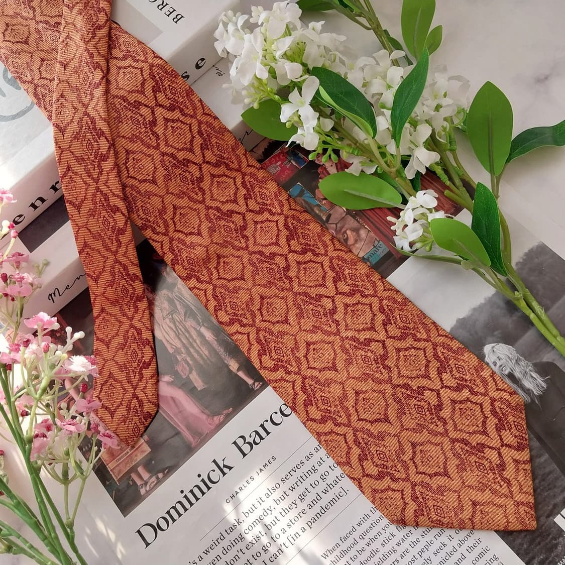 피에르 발망 실크 오렌지 기하 패턴 넥타이 9.5cm A+등급 K1670 상품이미지4