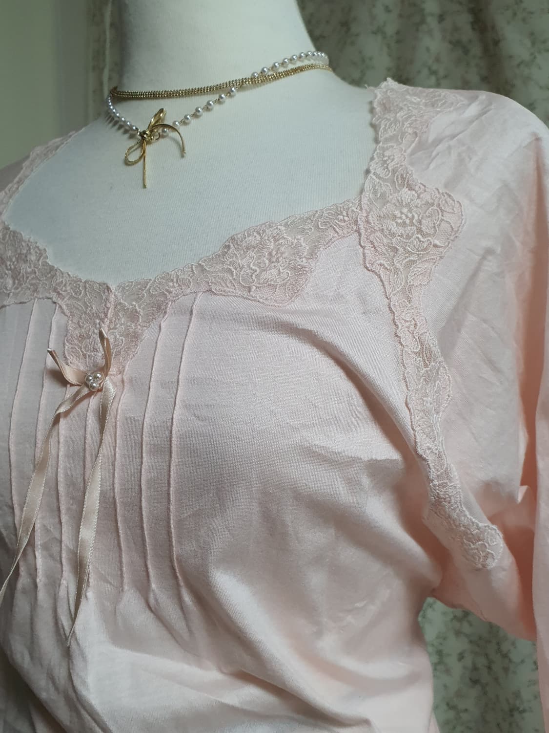 [일본빈티지] 레이스 핑크색 긴팔 셔츠 슬립 상품이미지3