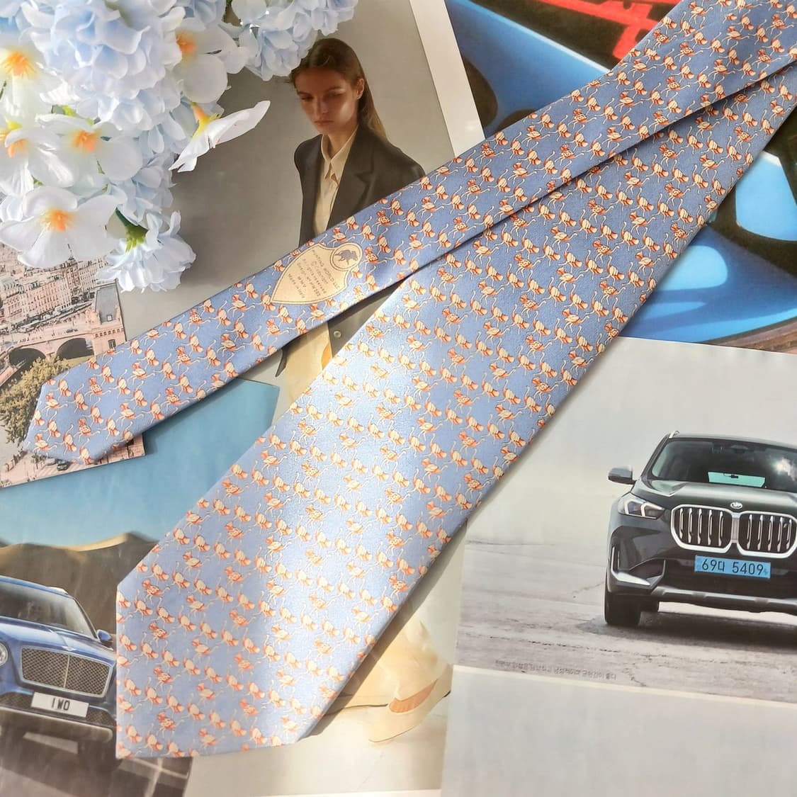 헌팅월드 실크 하늘색 홍학 모티브 넥타이 10cm A등급 A19663
 상품이미지3