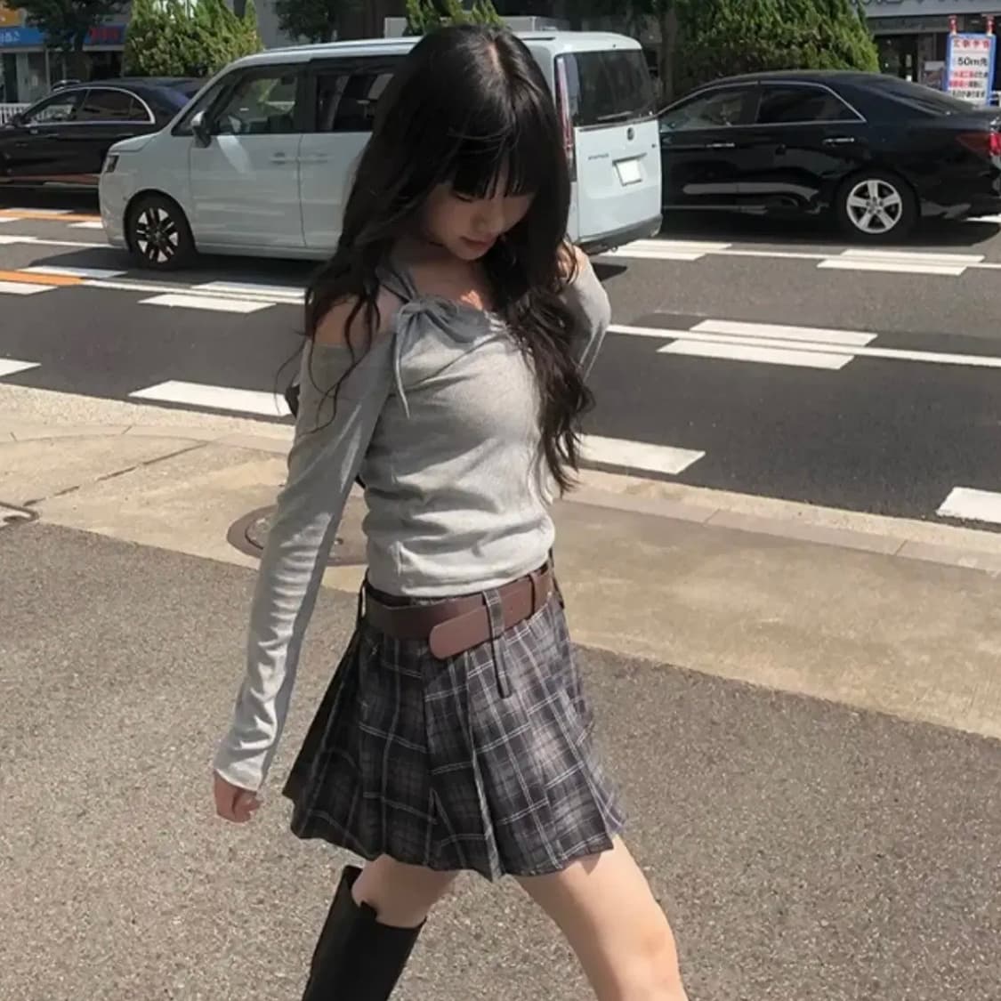 애니원모어 무어 체크 벨트 플리츠 스커트 상품이미지2