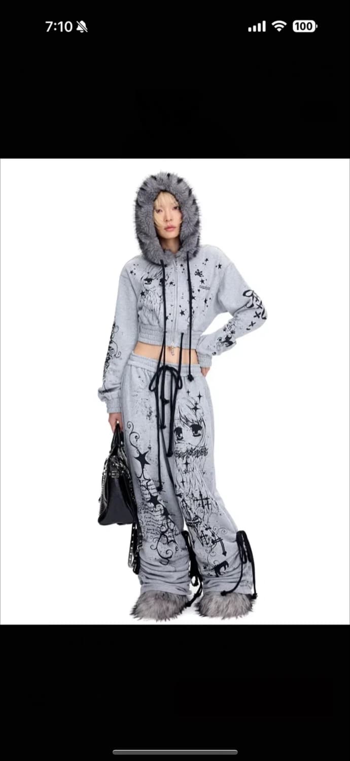 CFIERCE 씨피어스 엔젤걸 그래피티 퍼 후드집업 스웨트팬츠 셋업 세트 상품이미지1