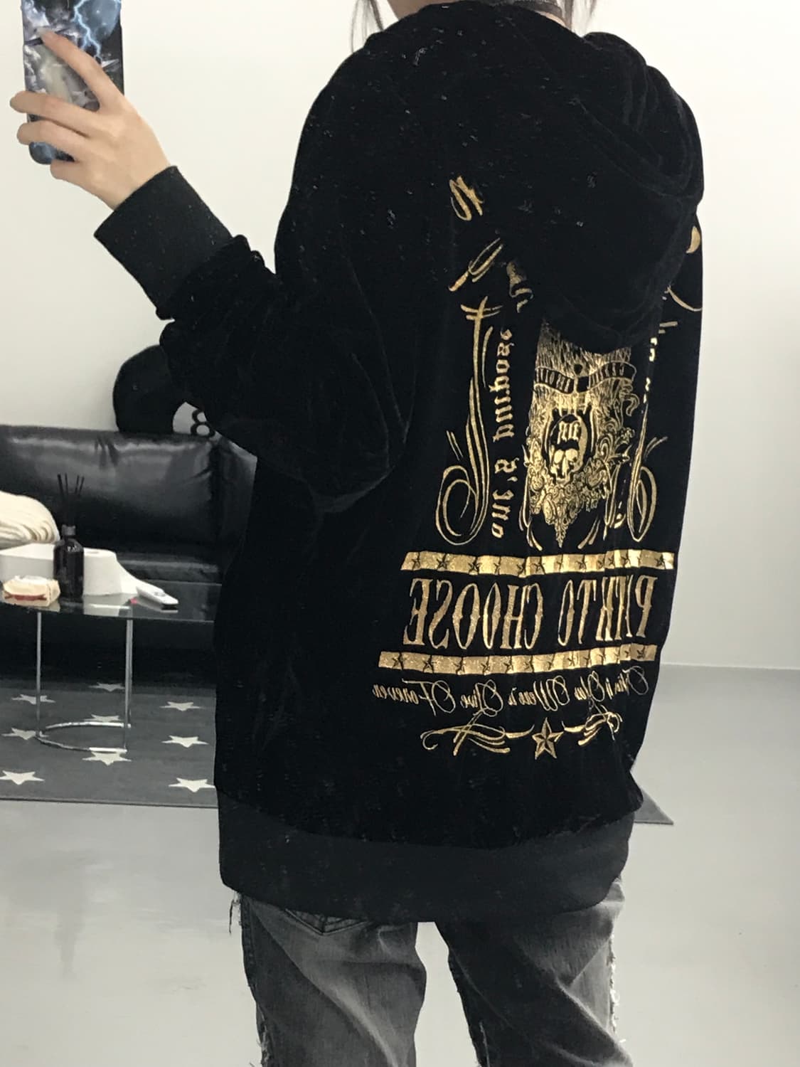 JPN Y2K펑크 블랙벨벳 프린팅 후드집업 상품이미지4
