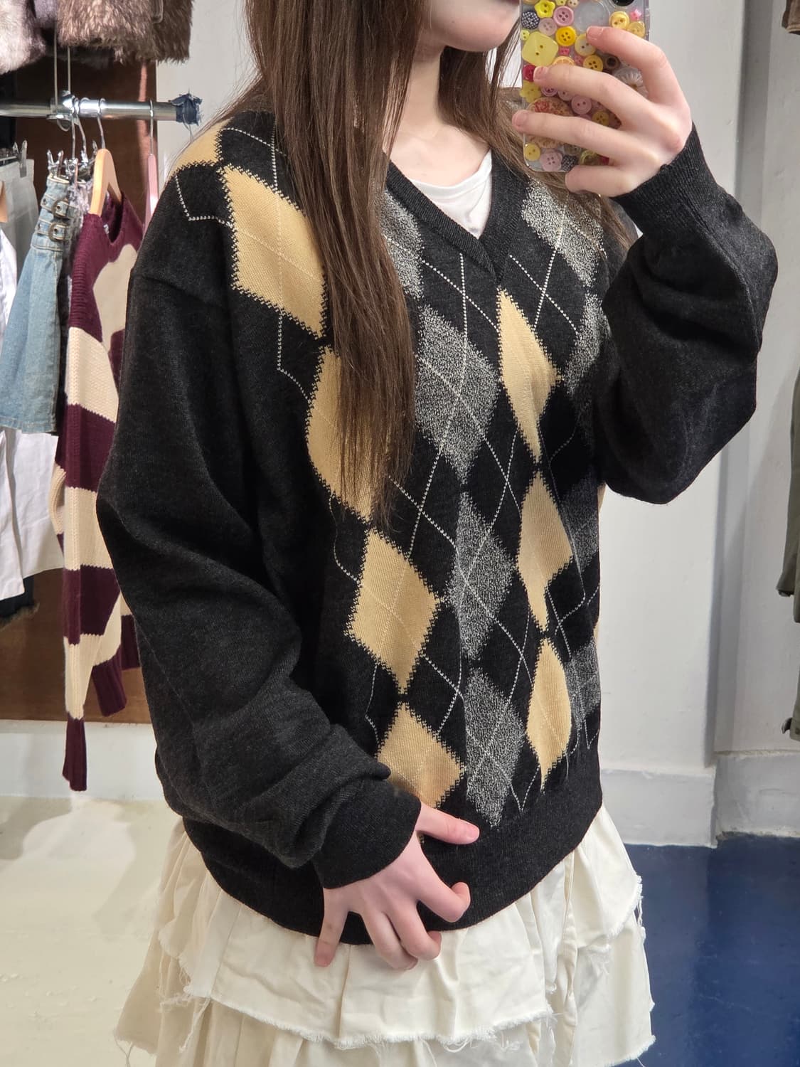 1990s Italy 글렌필드 아가일 브이넥 니트 상품이미지2