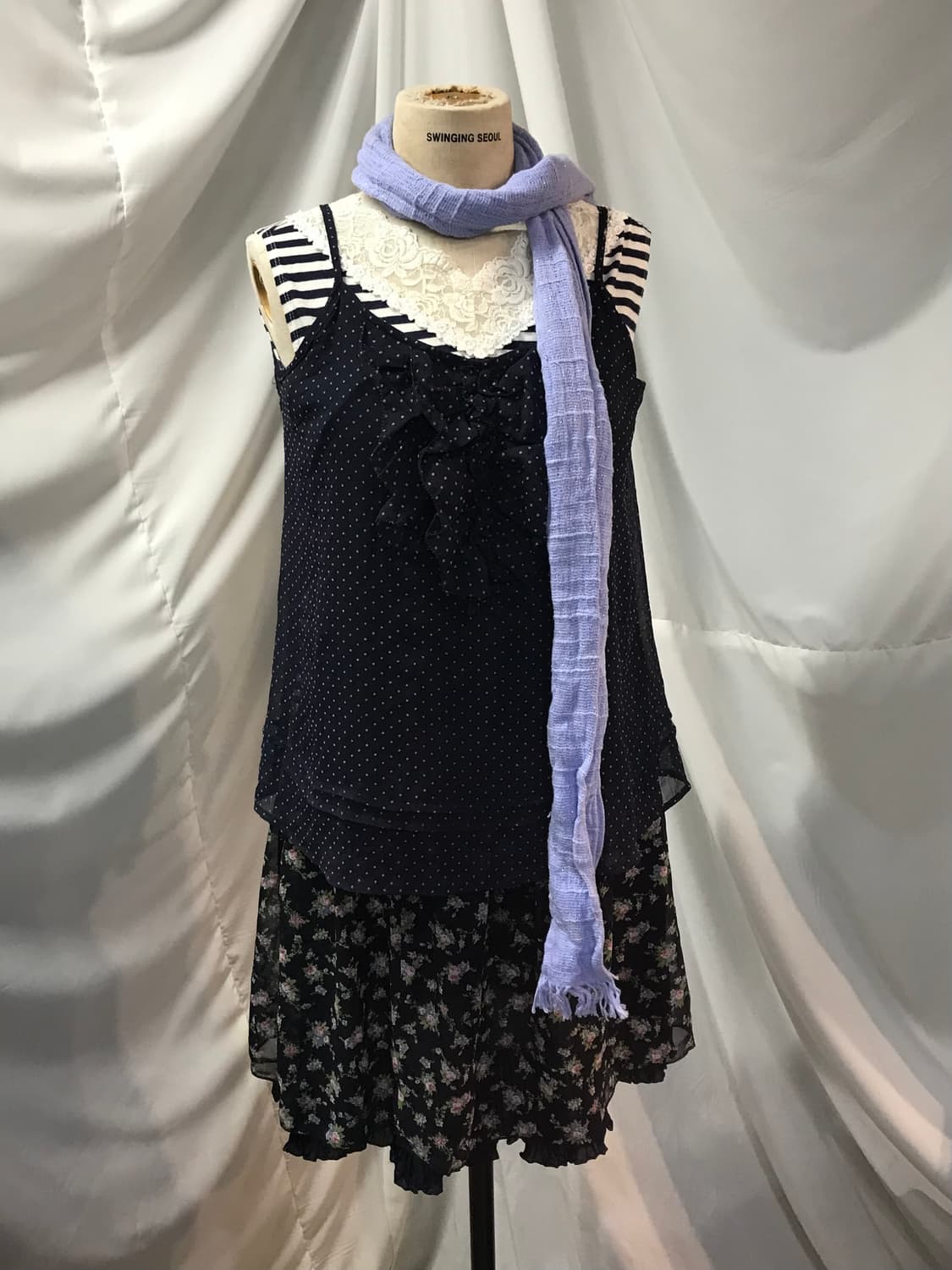 잔꽃 스트라이프 하구미 모리걸 레이스 나시 스커트 코디 상품이미지1
