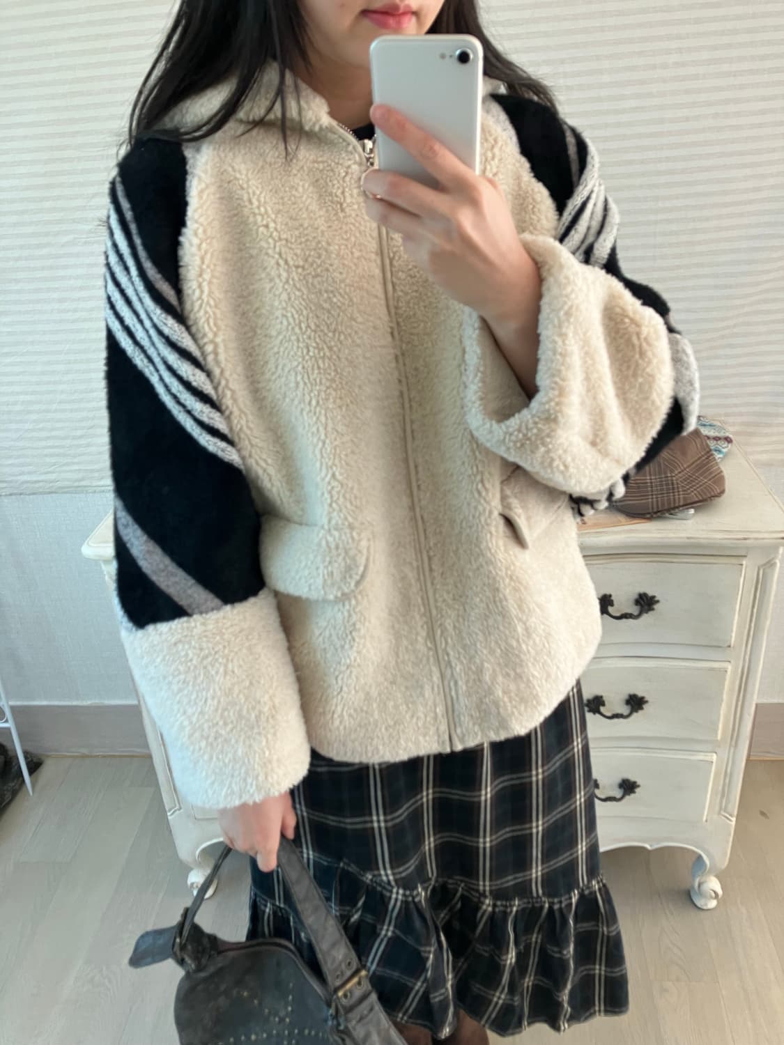 jpn vintage 아이보리 블랙 배색 후드 후리스 y2k 스트릿 갸루 상품이미지5