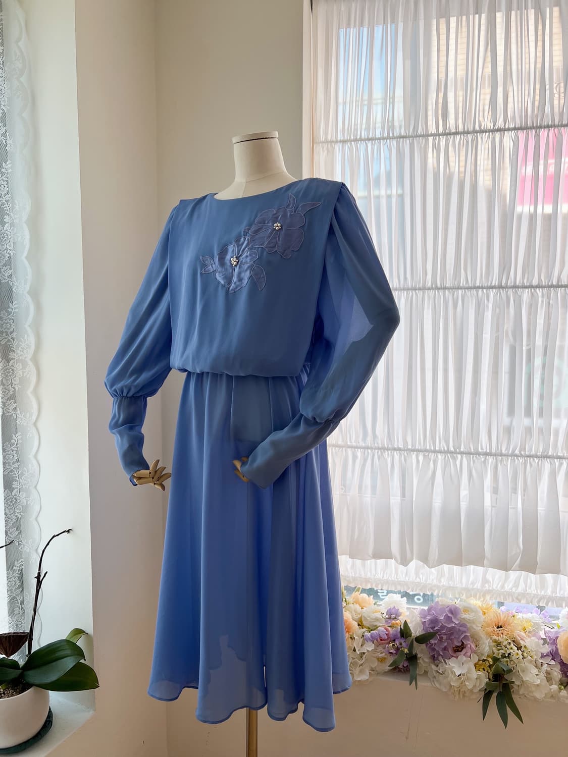 블루 플라워 진주 쉬폰 원피스 상품이미지6