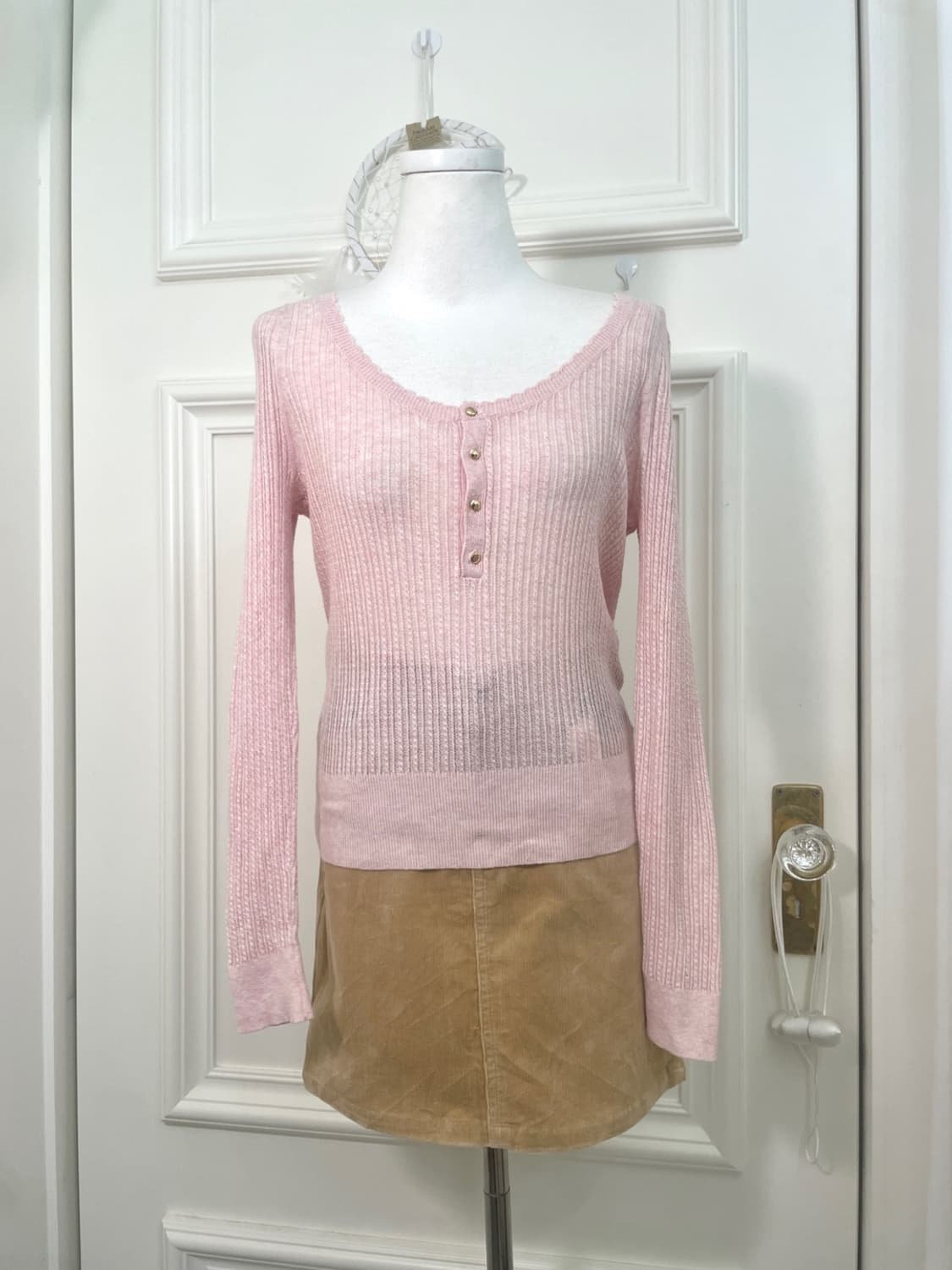 pink melange button point slim knit top 상품이미지2