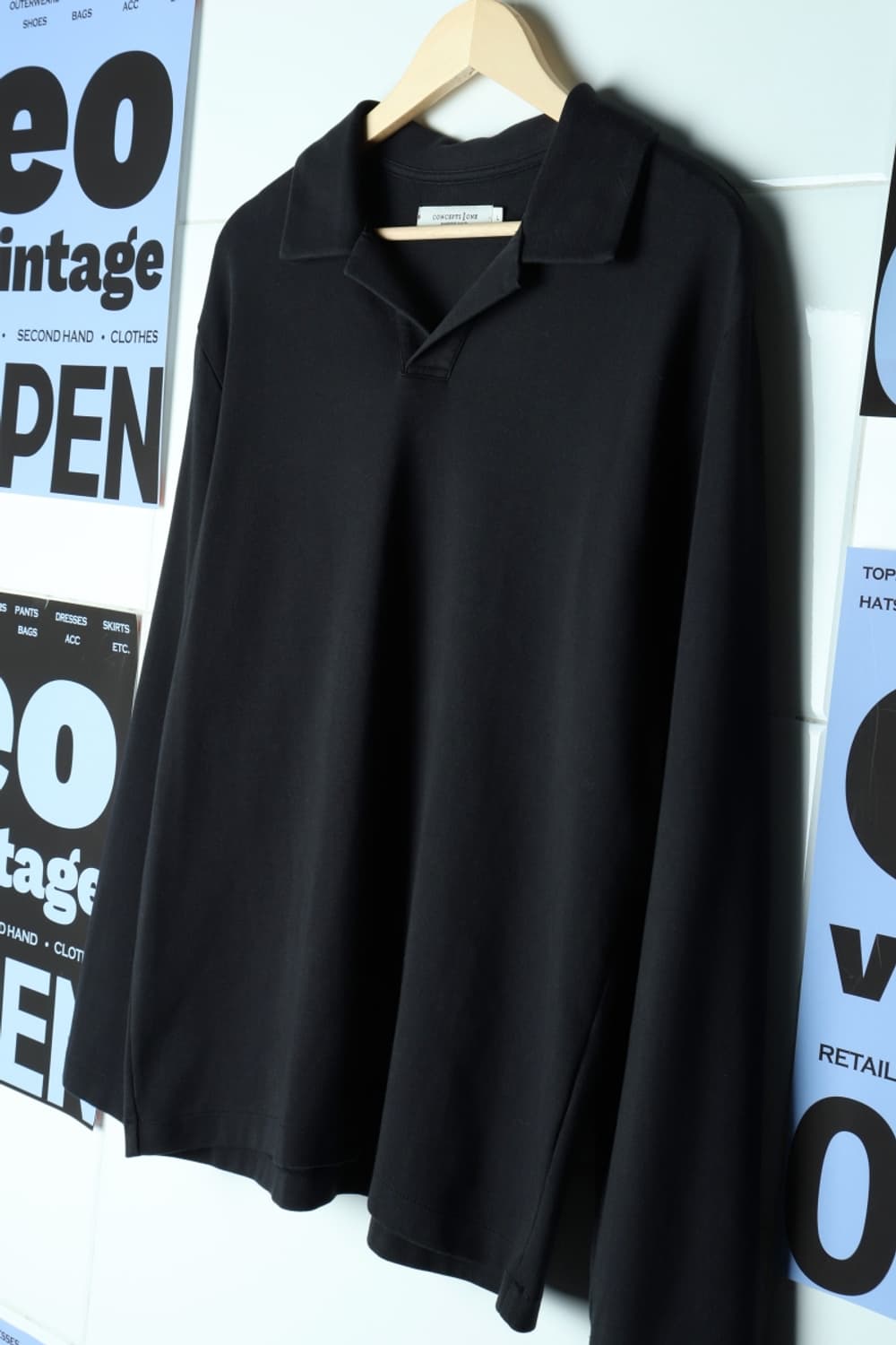(L-2XL) 브랜드빈티지 긴팔티셔츠 카라 블랙 놈코어-H31873 상품이미지1