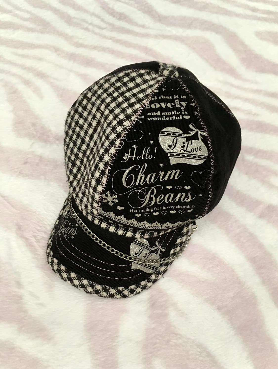 헤이세이 블랙 체크 실버 하트 체인 캡모자 볼캡 갸루 조지후쿠 핀터레스트 상품이미지2
