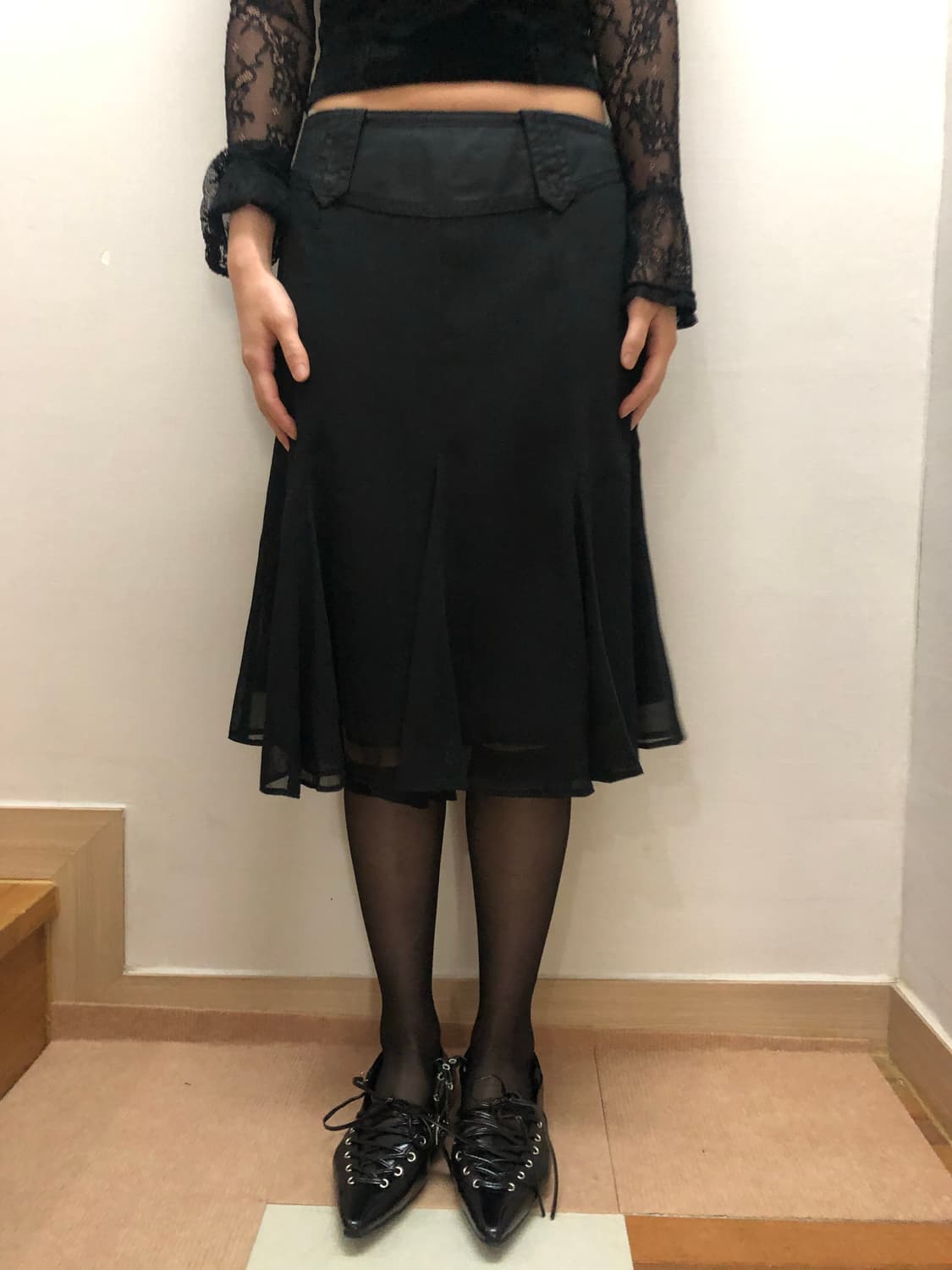 빈티지 블랙 쉬폰 미디 스커트 상품이미지3