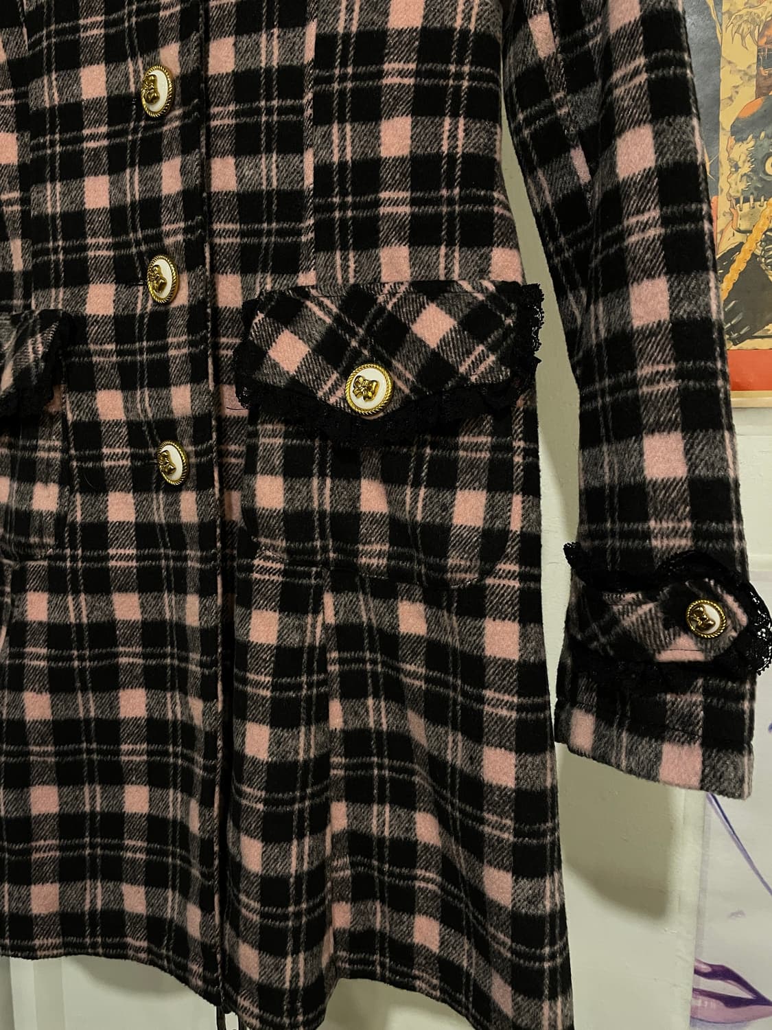 tralala 트랄랄라 리본 버튼 핑크 체크 코트 갸루 러블리 상품이미지3