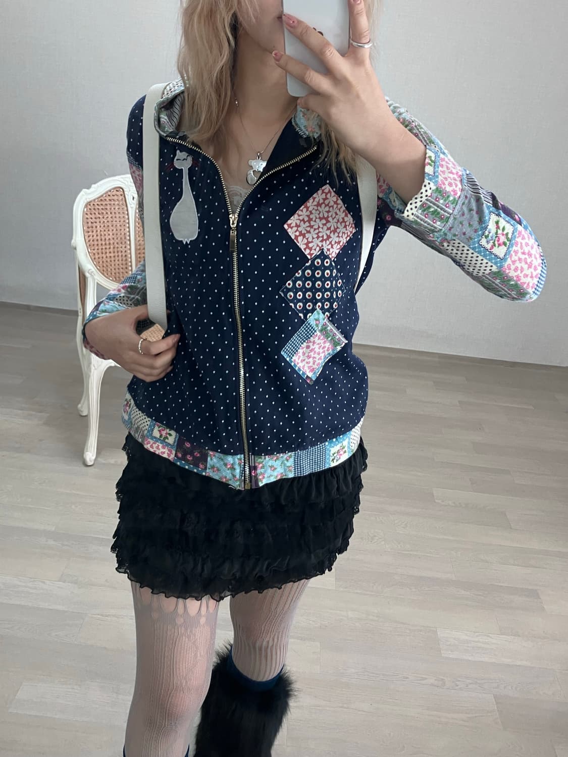 dot patchwork meow hood zip-up 상품이미지1