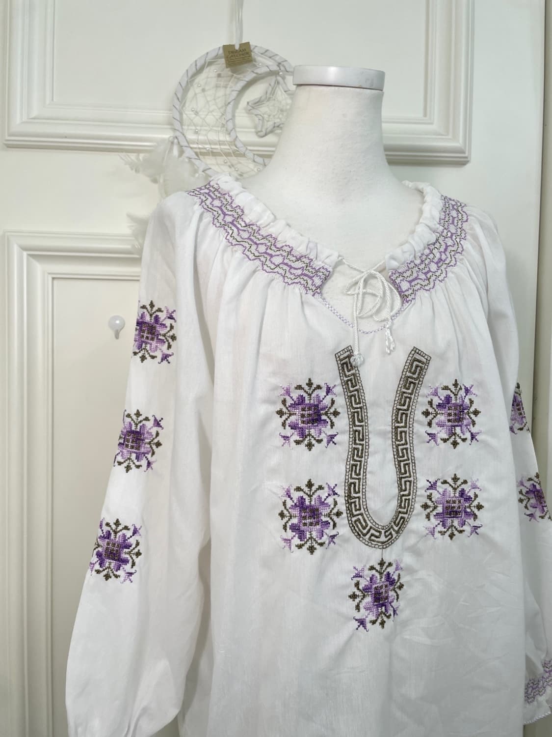 white purple embroidery loose cotton blo 상품이미지4