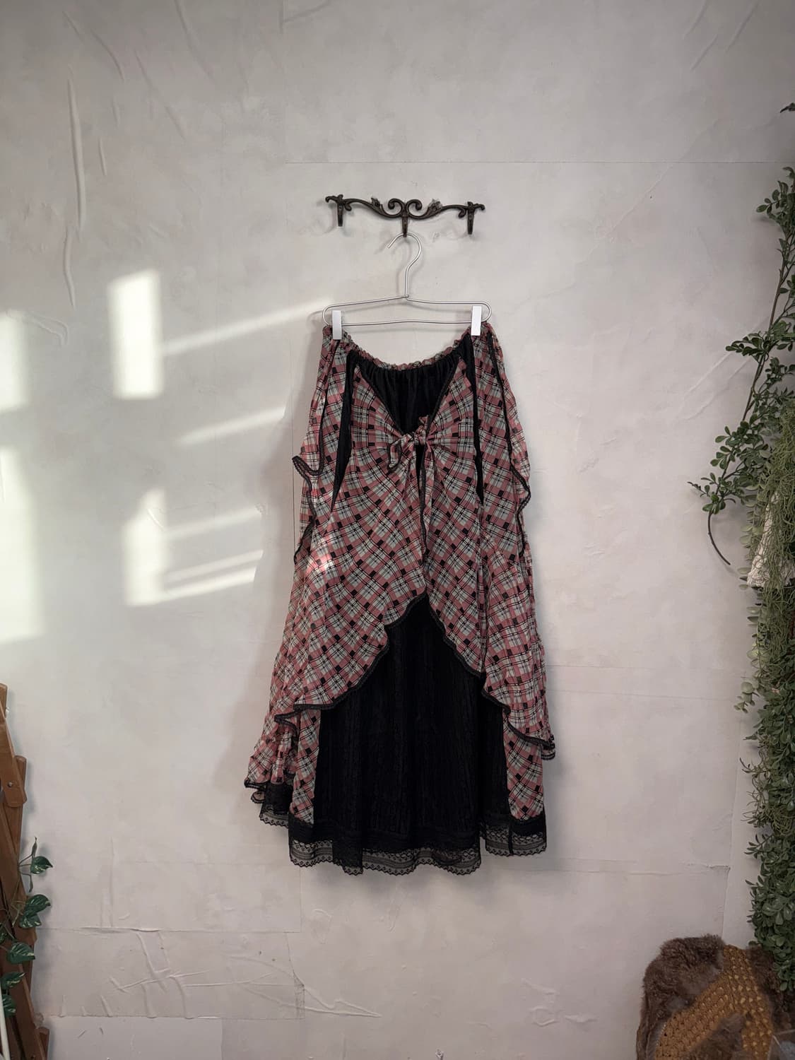 Anna Sui black pink check ruffle skirt 상품이미지4