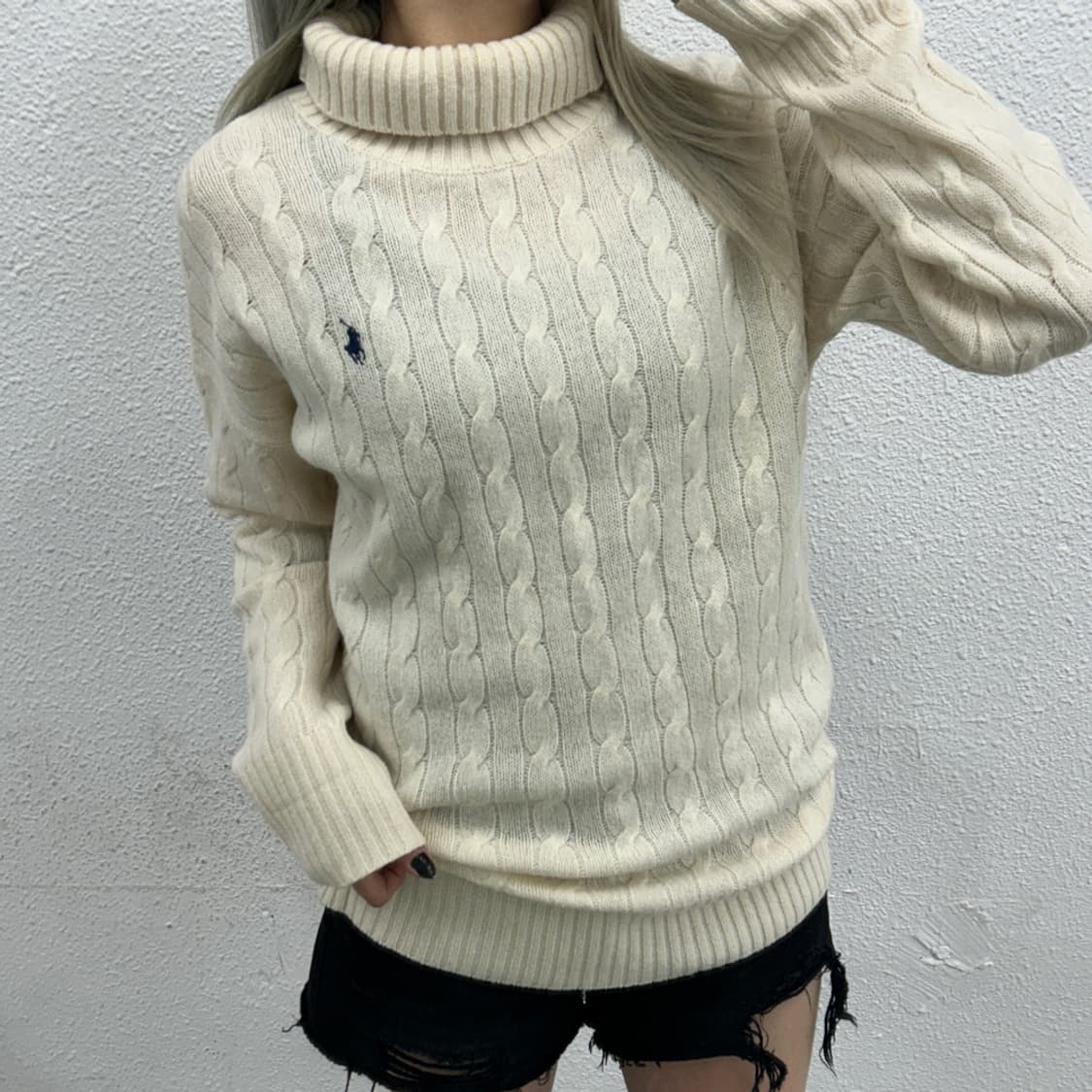 폴로 랄프로렌 네이비포니 아이보리 터틀넥 꽈배기 니트 L 상품이미지1