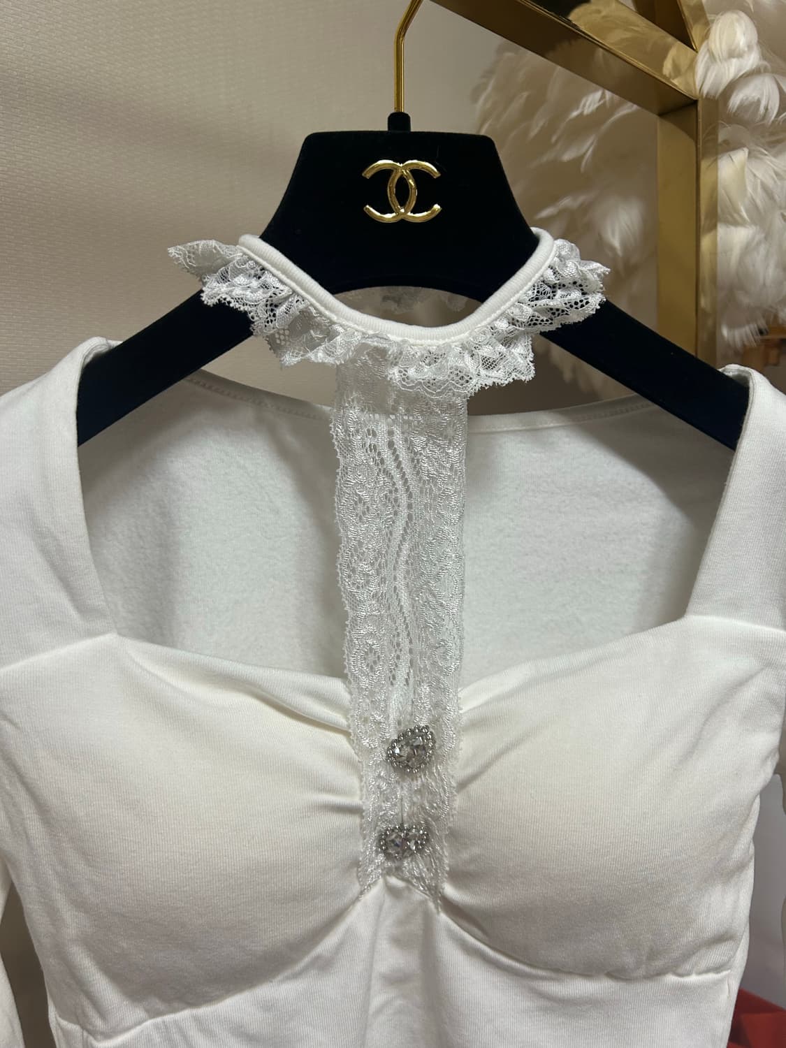 초커 큐빅 버튼 포인트 스퀘어넥 탑 상품이미지4