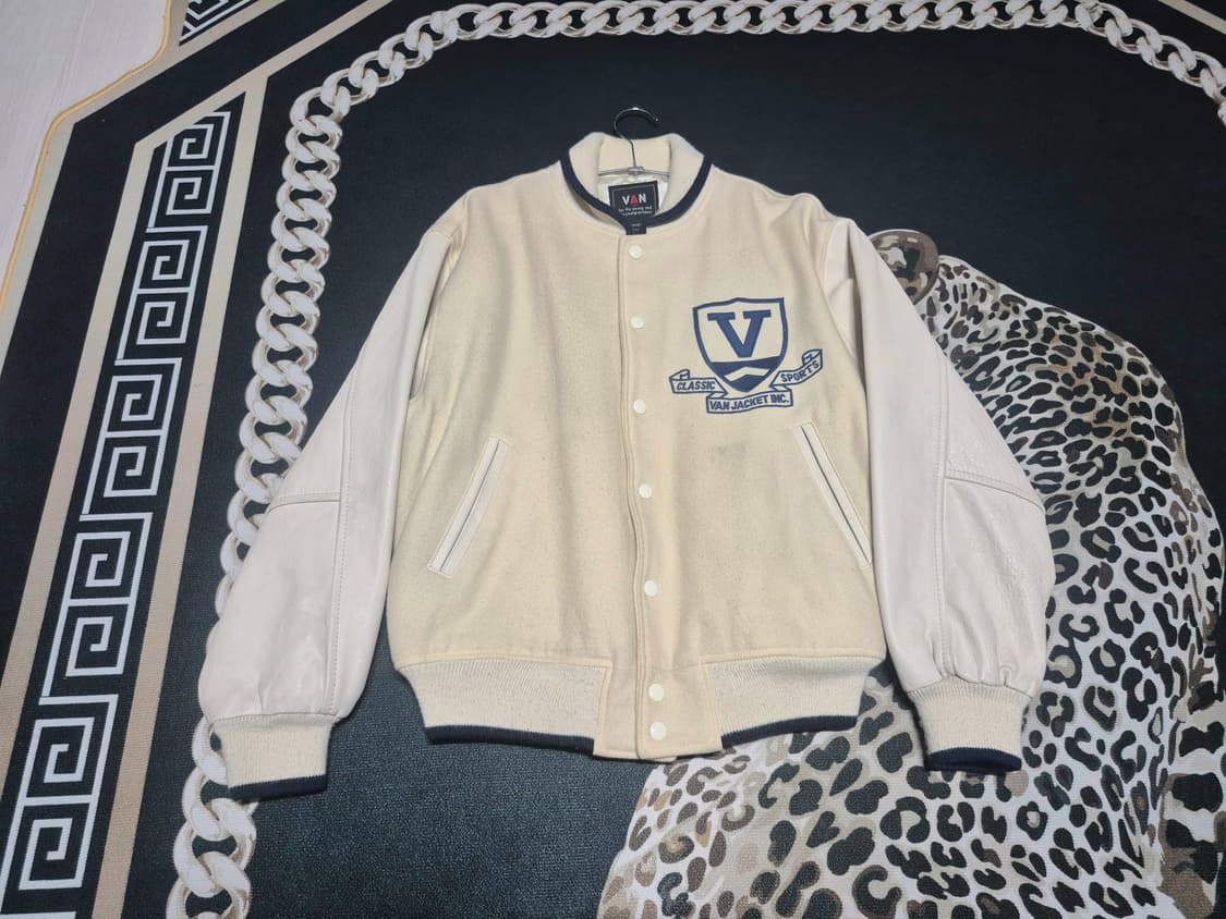 90's VAN JAC 반작 클래식 울 레더 바시티 자켓 L 화이트 상품이미지1